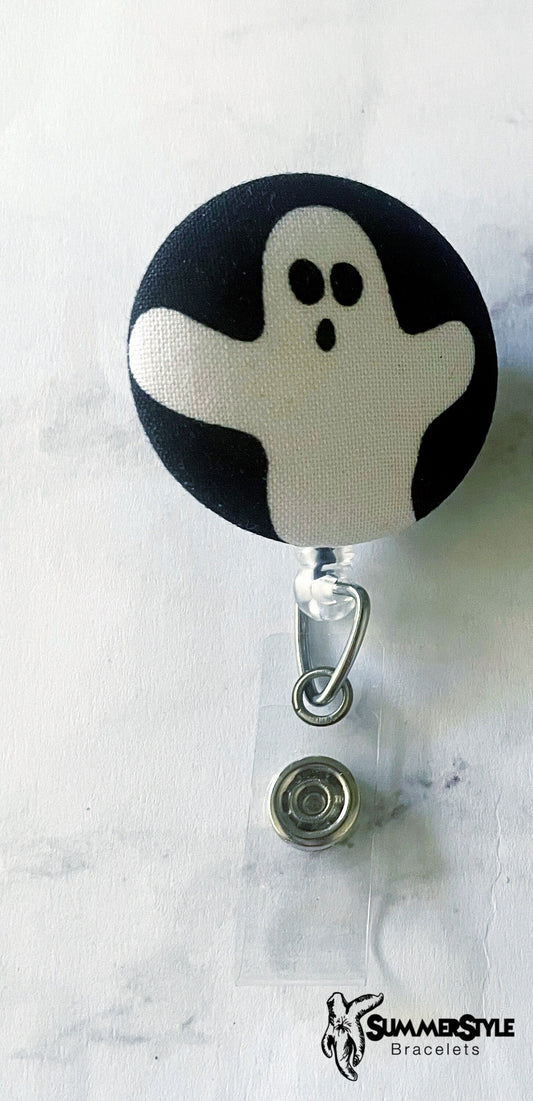 Ghoulish Ghost Fabric Button Badge Reel, Retractable Badge Reel, ID Holder, Credential Clip, SummerStyle Bracelets