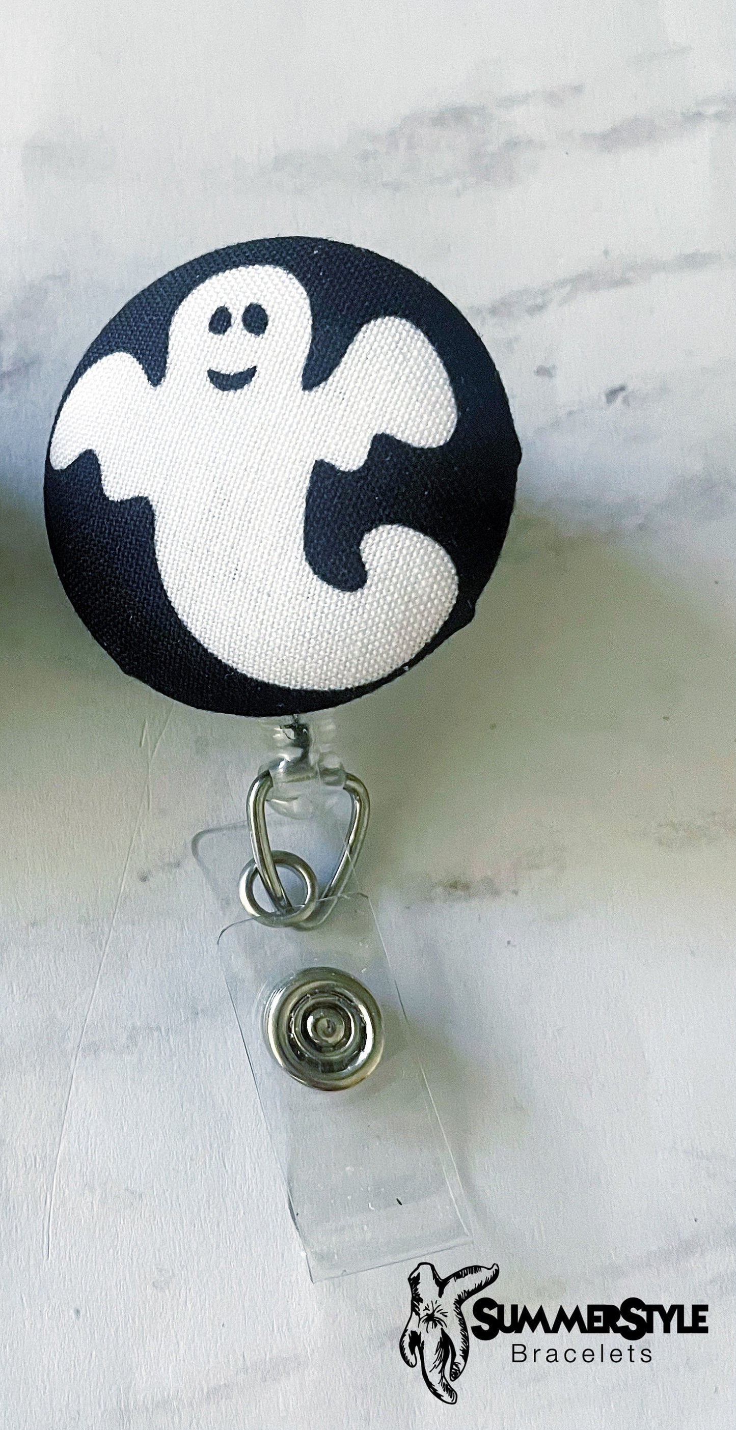 Ghoulish Ghost Fabric Button Badge Reel, Retractable Badge Reel, ID Holder, Credential Clip, SummerStyle Bracelets