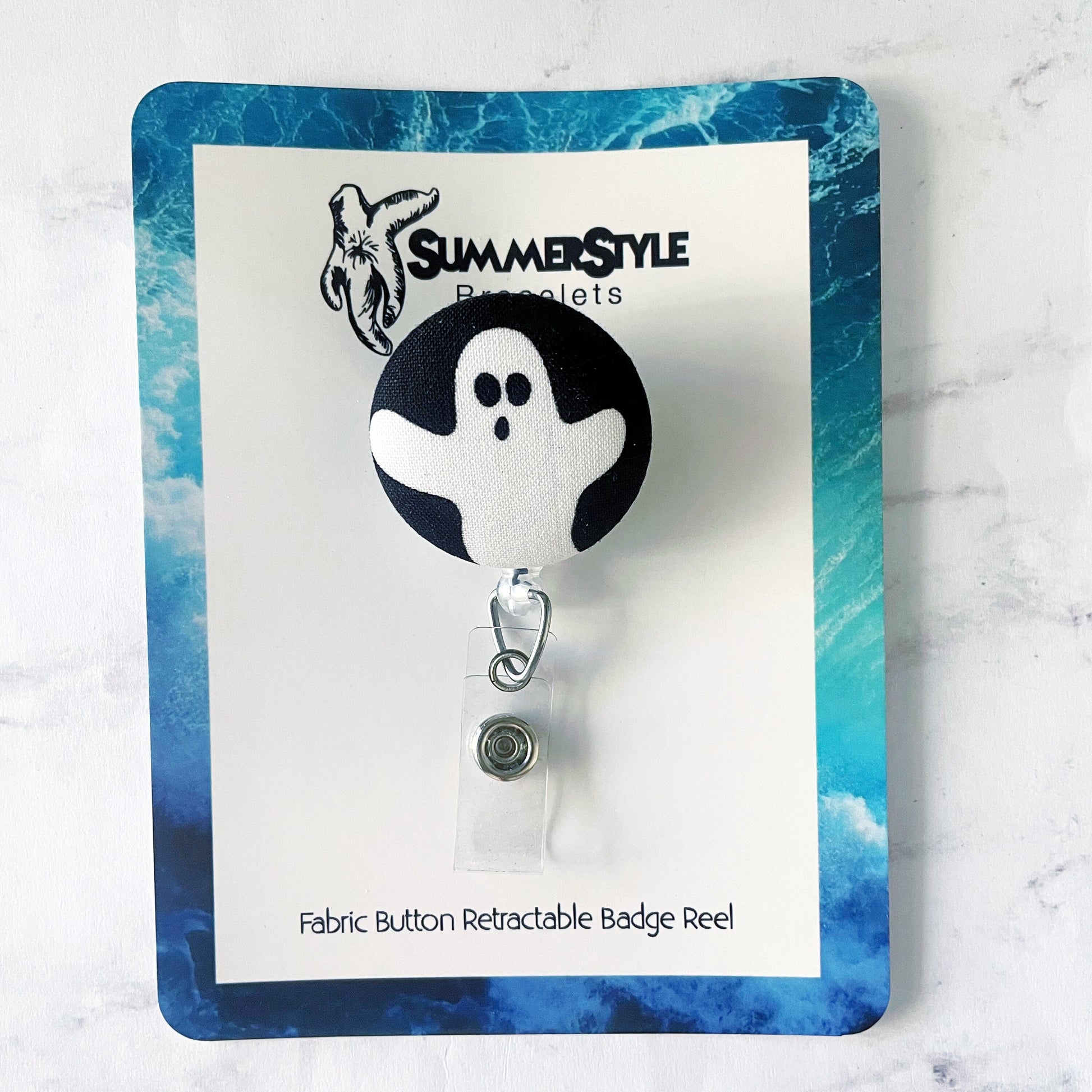 Ghoulish Ghost Fabric Button Badge Reel, Retractable Badge Reel, ID Holder, Credential Clip, SummerStyle Bracelets