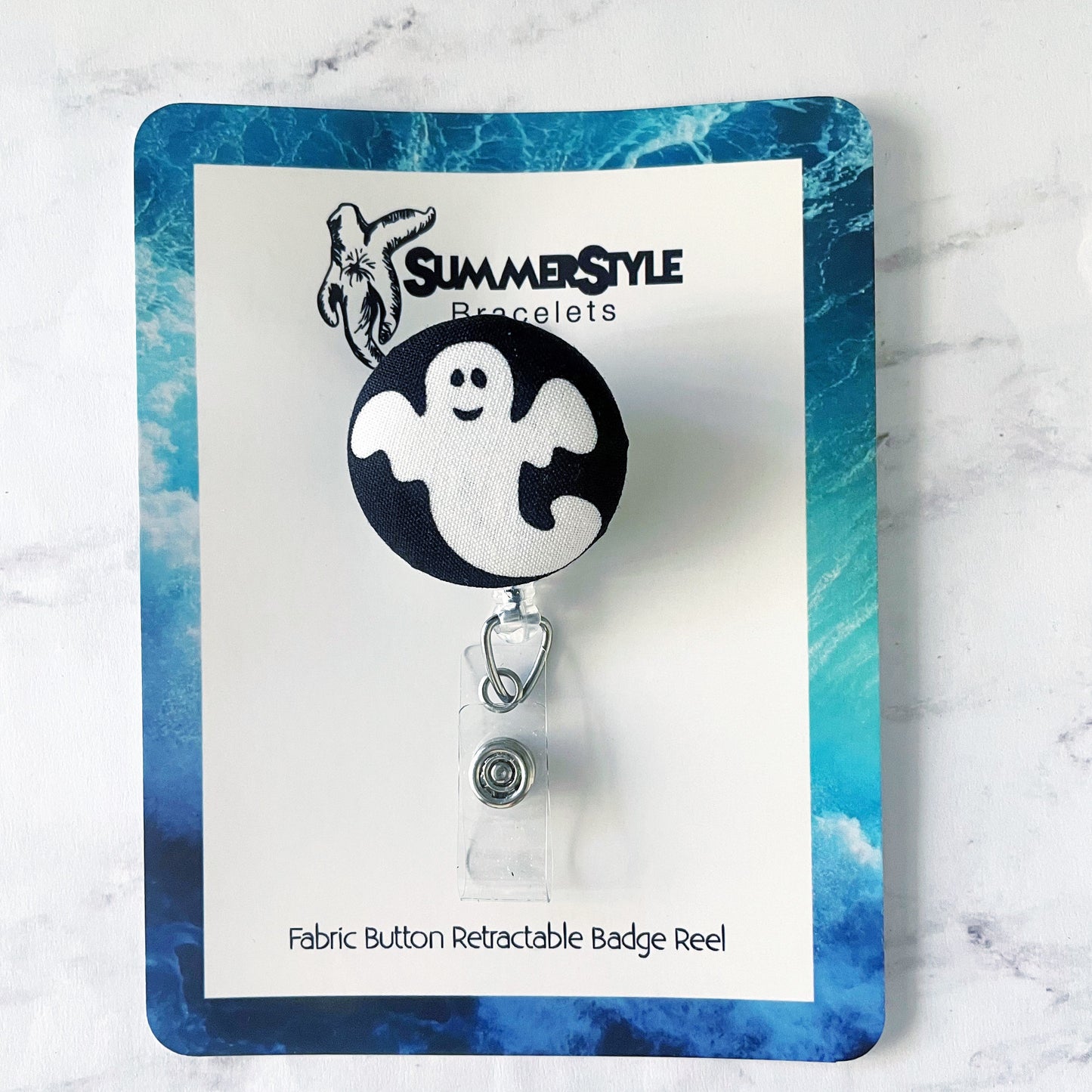 Ghoulish Ghost Fabric Button Badge Reel, Retractable Badge Reel, ID Holder, Credential Clip, SummerStyle Bracelets