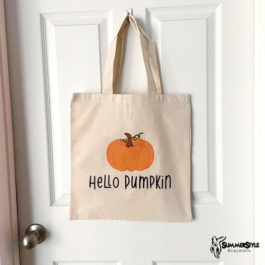 Hello Pumpkin Classic Canvas Tote Bag, Fall Tote, Canvas Tote, Halloween Reusable Bag, SummerStyle Bracelets