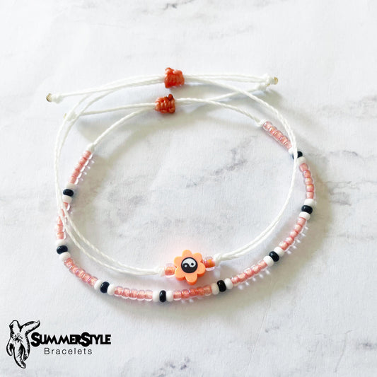 One of a Kind Coral Yin Yang Flower Bracelet Set, Yin Yang Jewelry, Beaded Bracelets, SummerStyle Bracelets