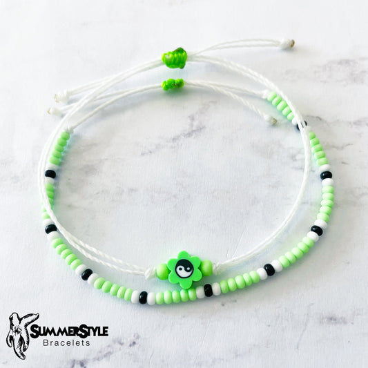 Neon Green Yin Yang Flower Bracelet Set, Yin Yang Jewelry, Beaded Bracelets, SummerStyle Bracelets