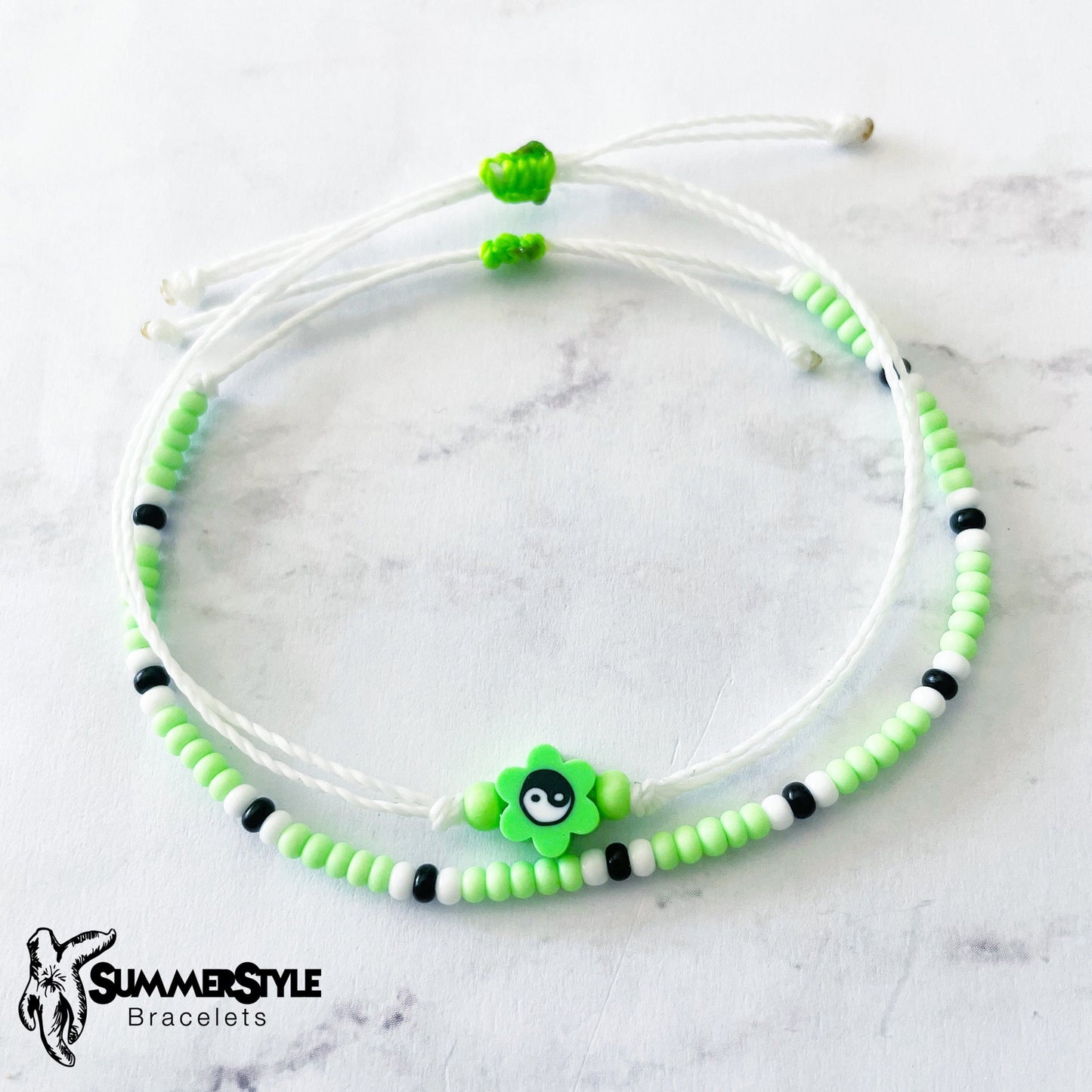 Neon Green Yin Yang Flower Bracelet Set, Yin Yang Jewelry, Beaded Bracelets, SummerStyle Bracelets