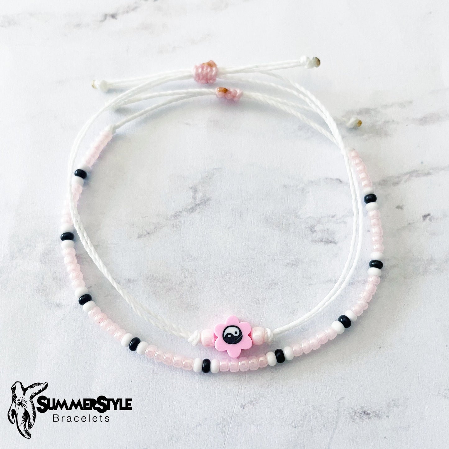 Light Pink Yin Yang Flower Bracelet Set, Yin Yang Jewelry, Beaded Bracelets, SummerStyle Bracelets