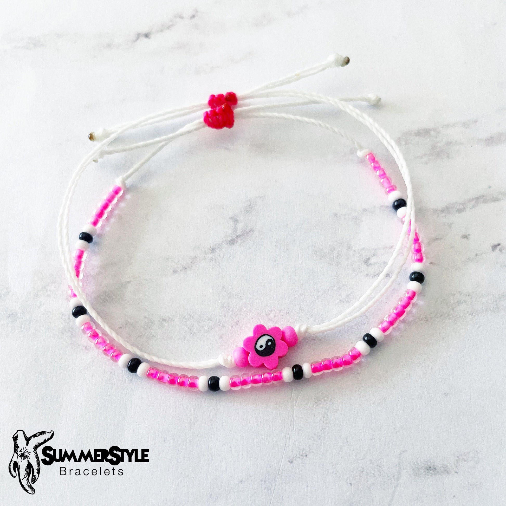 Hot Pink Yin Yang Flower Bracelet Set, Yin Yang Jewelry, Beaded Bracelets, SummerStyle Bracelets