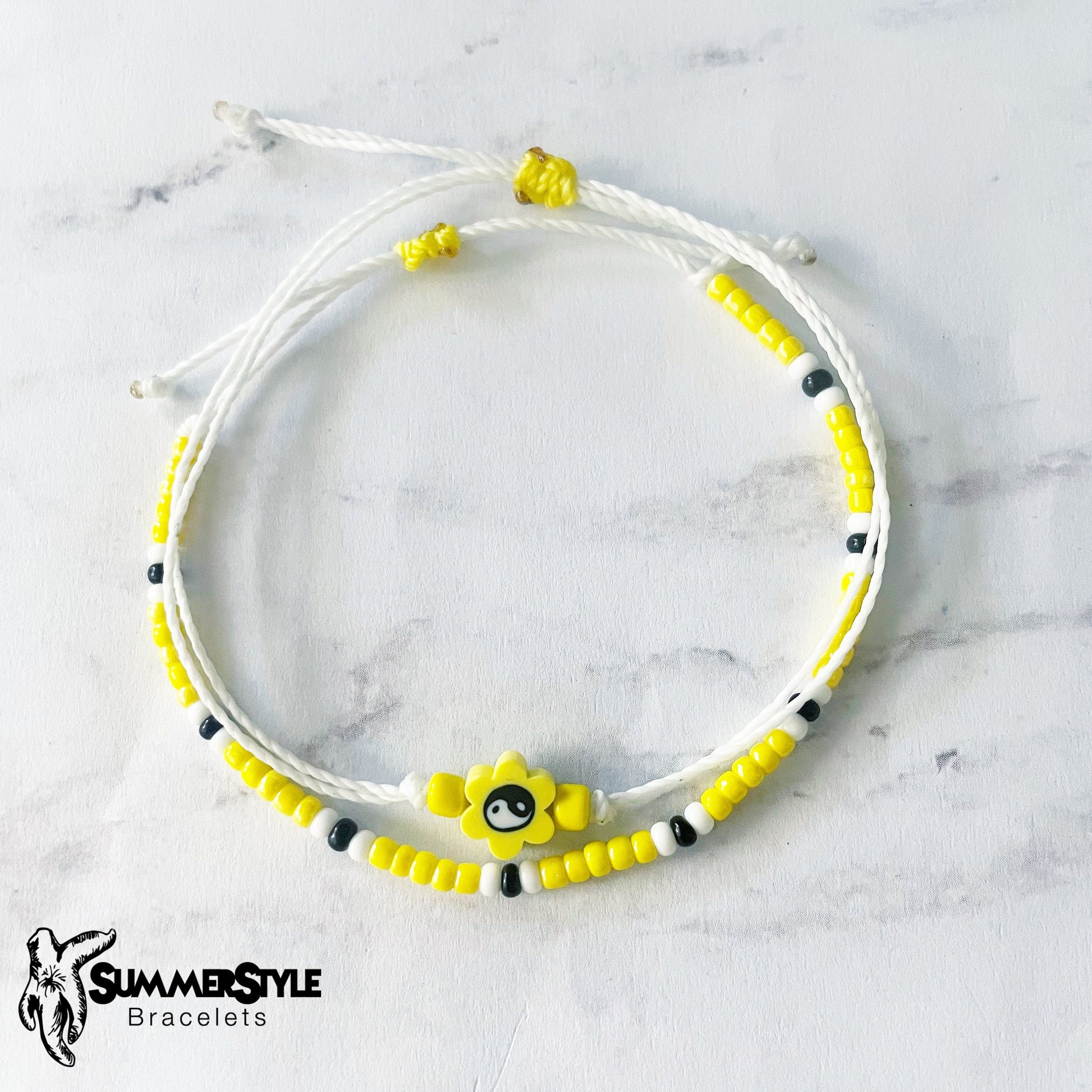 Yellow Yin Yang Flower Bracelet Set, Yin Yang Jewelry, Beaded Bracelets, SummerStyle Bracelets