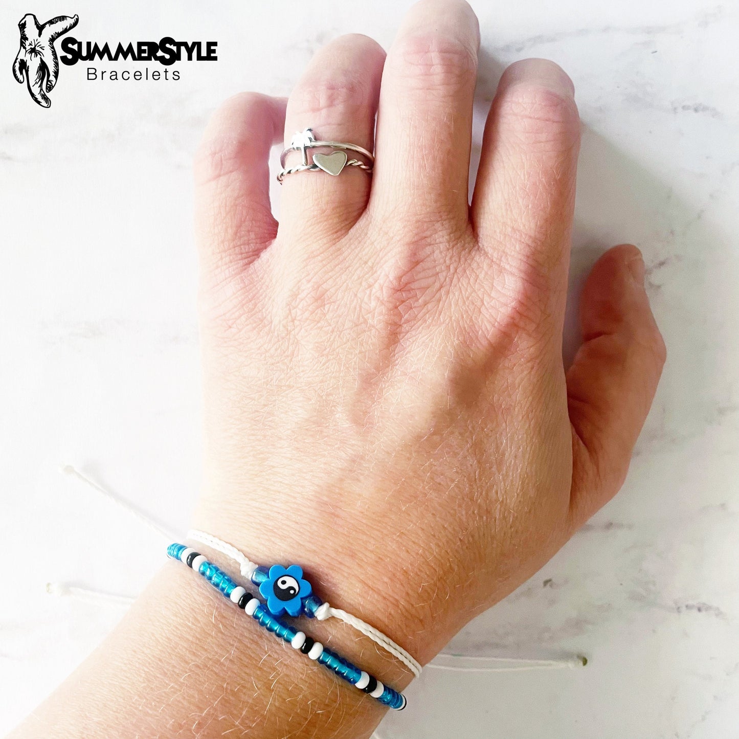 Dark Blue Yin Yang Flower Bracelet Set, Yin Yang Jewelry, Beaded Bracelets, SummerStyle Bracelets