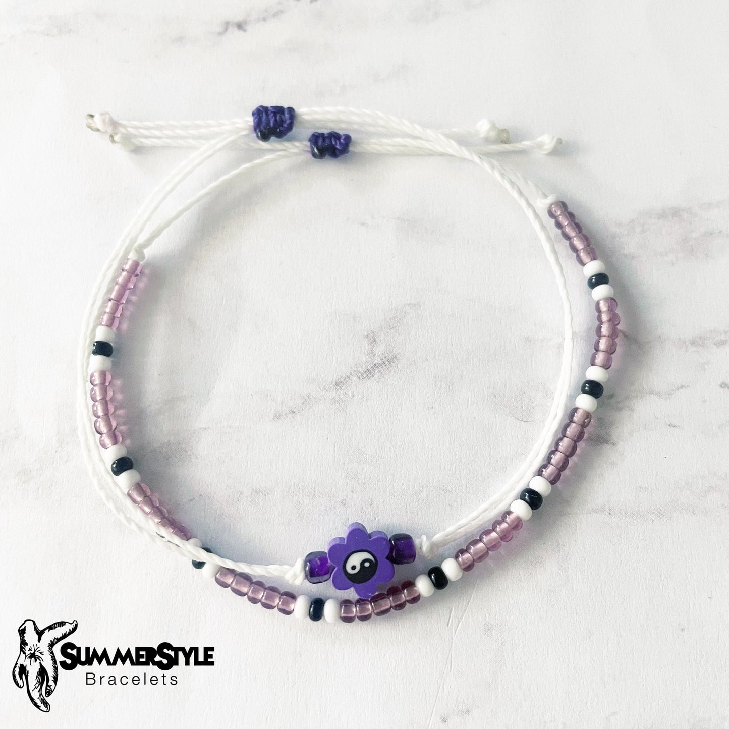 Purple Yin Yang Flower Bracelet Set, Yin Yang Jewelry, Beaded Bracelets, SummerStyle Bracelets