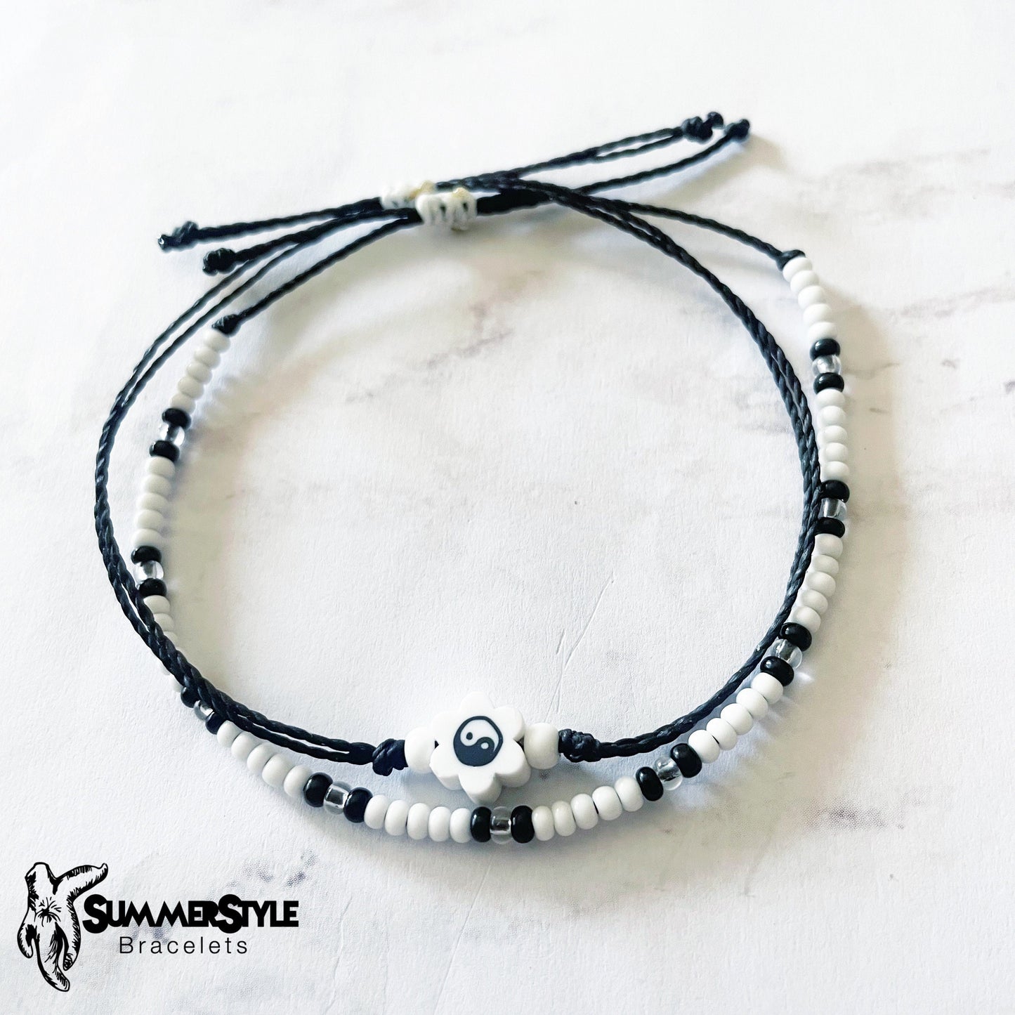 Black & White Yin Yang Flower Bracelet Set, Yin Yang Jewelry, Beaded Bracelets, SummerStyle Bracelets