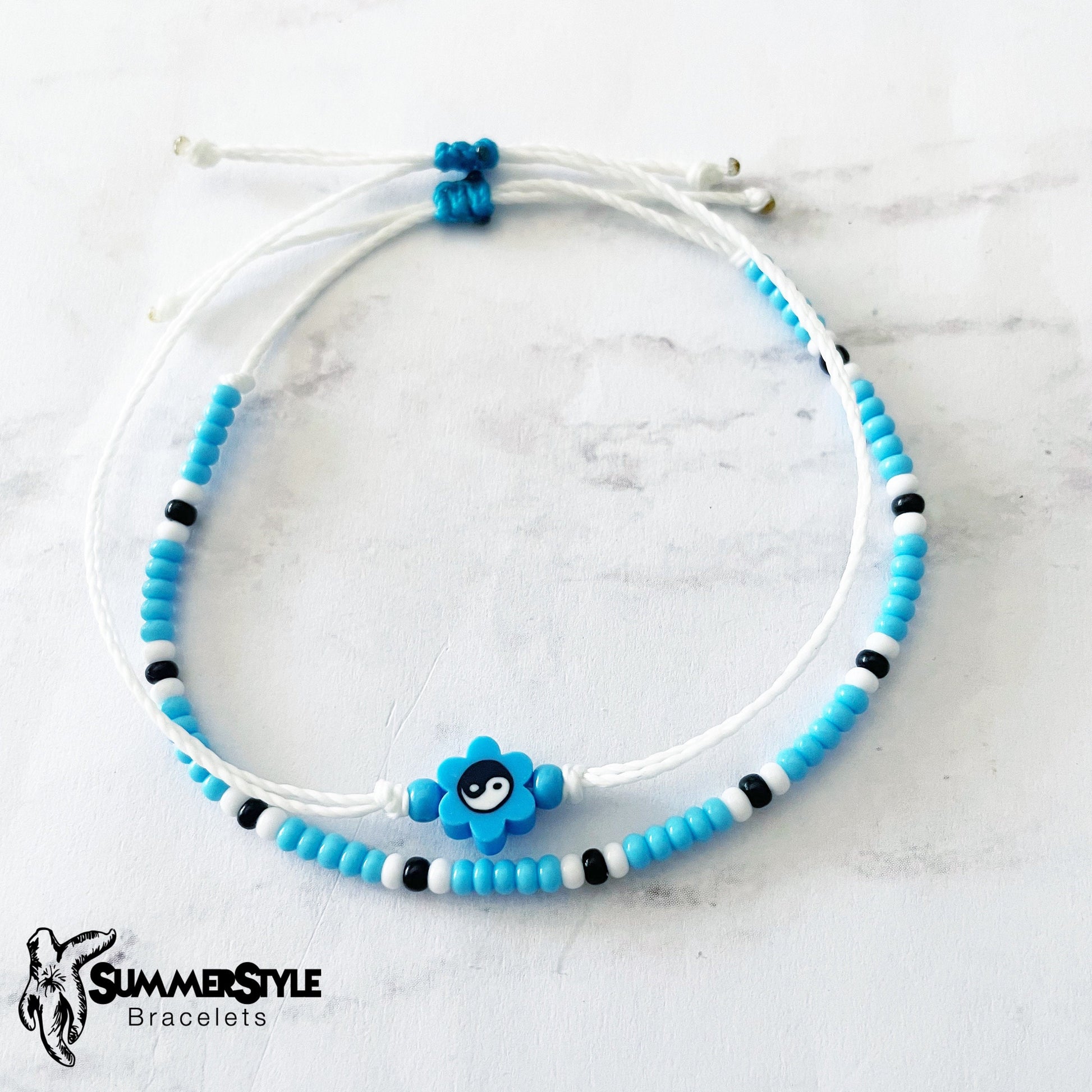 One of a Kind Light Blue Yin Yang Flower Bracelet Set, Yin Yang Jewelry, Beaded Bracelets, SummerStyle Bracelets