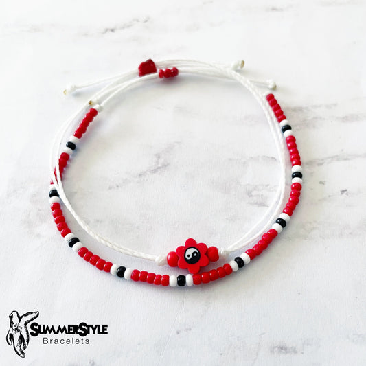 Red Yin Yang Flower Bracelet Set, Yin Yang Jewelry, Beaded Bracelets, SummerStyle Bracelets