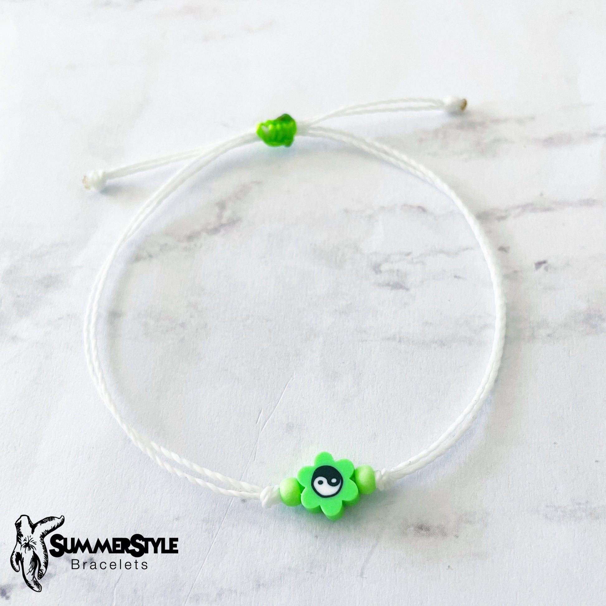 Neon Green Yin Yang Flower Bracelet Set, Yin Yang Jewelry, Beaded Bracelets, SummerStyle Bracelets