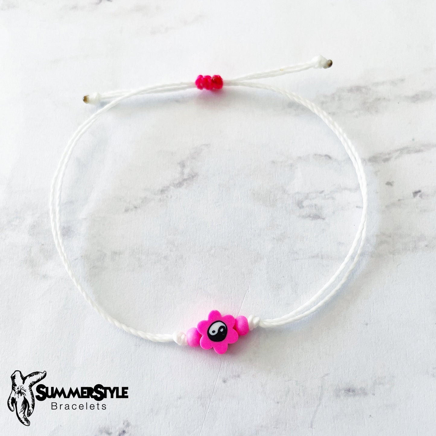 Hot Pink Yin Yang Flower Bracelet Set, Yin Yang Jewelry, Beaded Bracelets, SummerStyle Bracelets