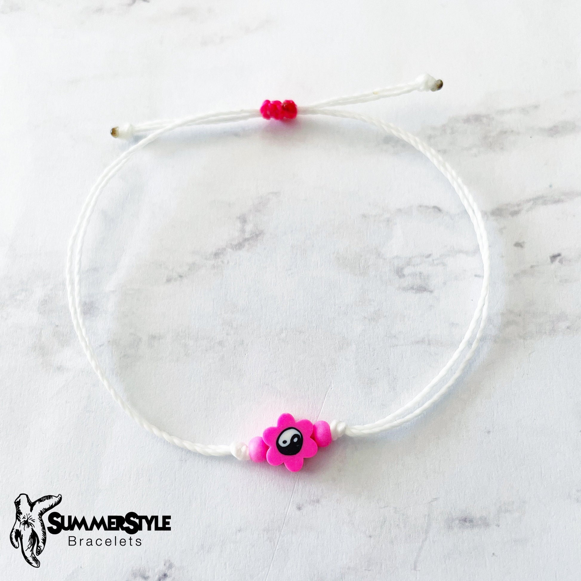 Hot Pink Yin Yang Flower Bracelet Set, Yin Yang Jewelry, Beaded Bracelets, SummerStyle Bracelets