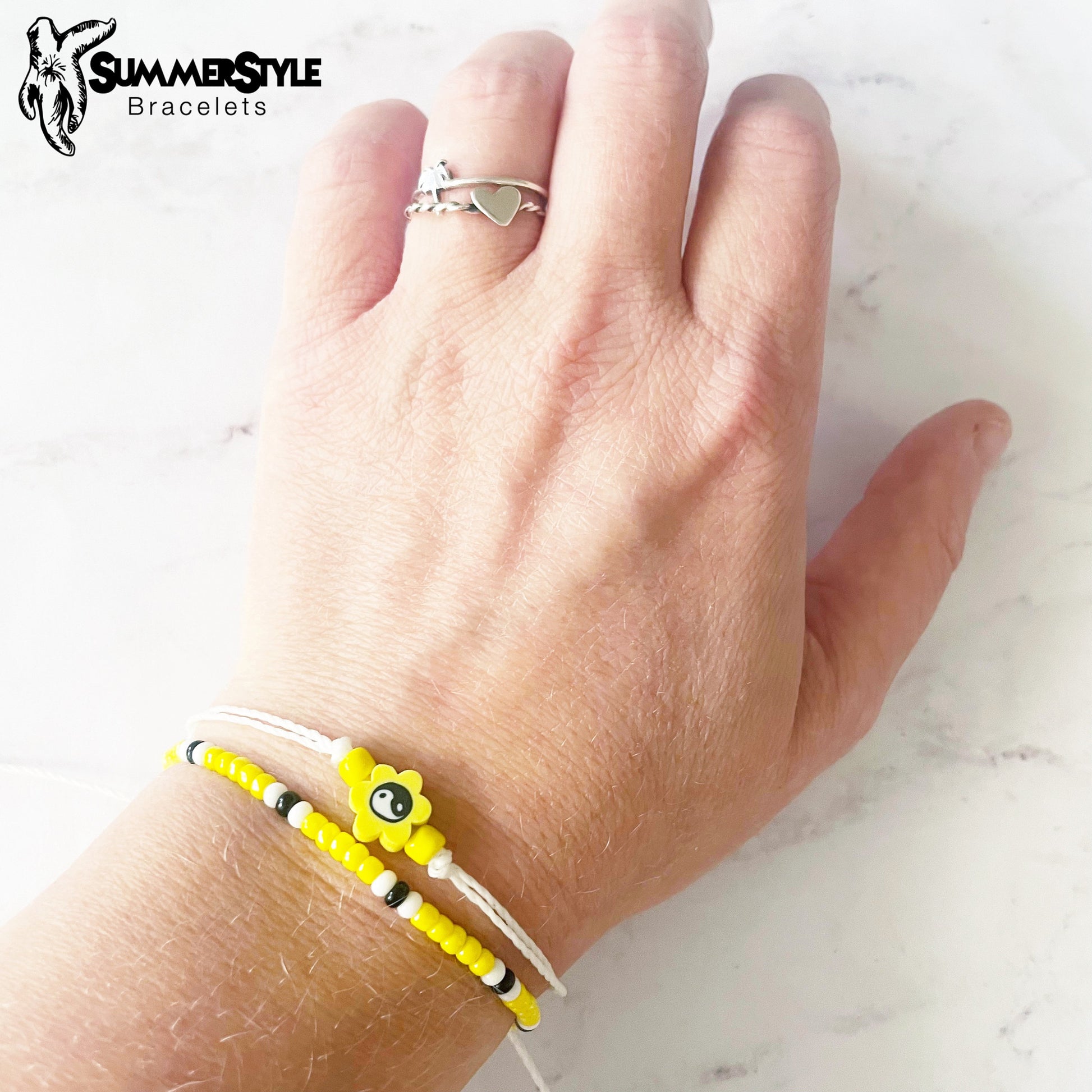 Yellow Yin Yang Flower Bracelet Set, Yin Yang Jewelry, Beaded Bracelets, SummerStyle Bracelets