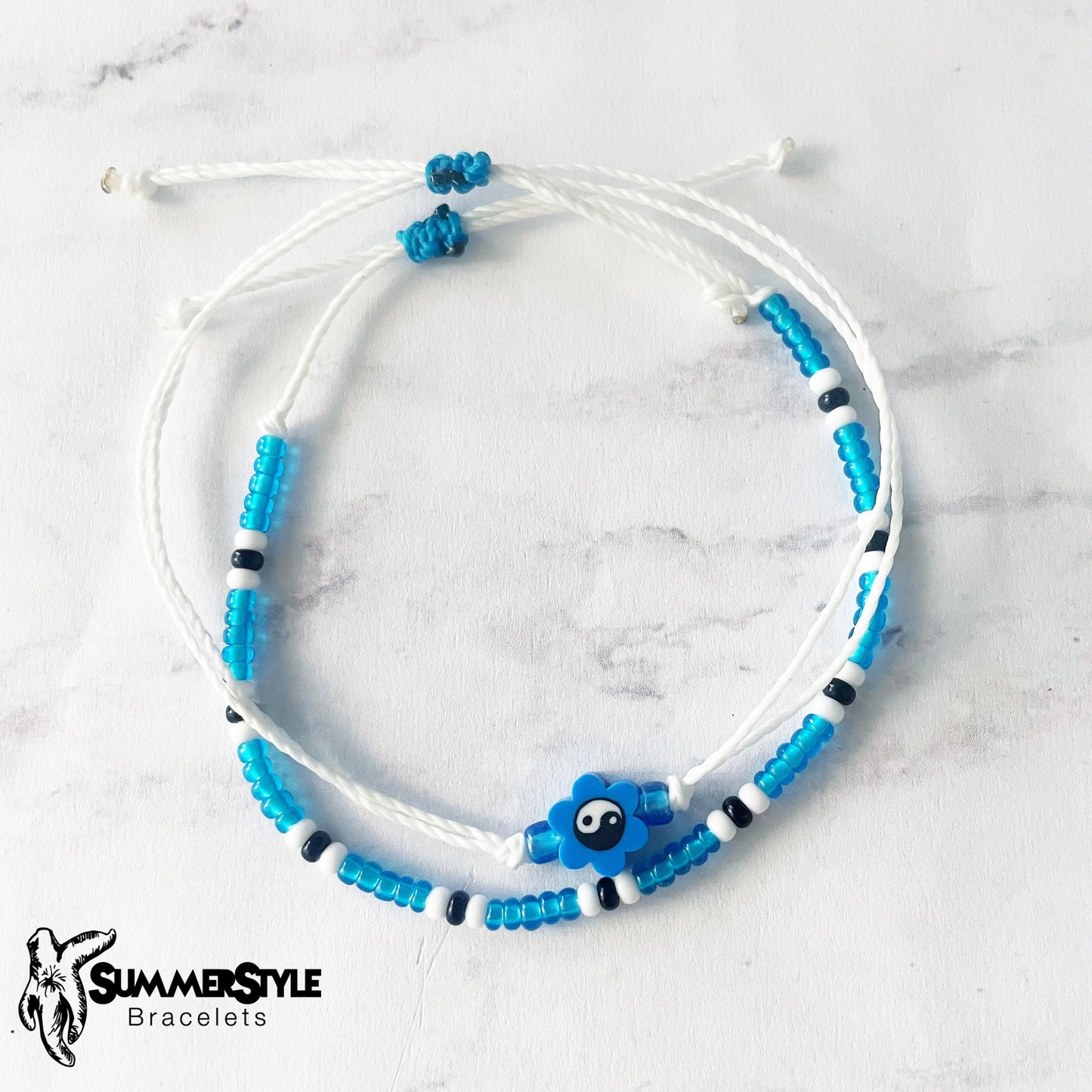 Dark Blue Yin Yang Flower Bracelet Set, Yin Yang Jewelry, Beaded Bracelets, SummerStyle Bracelets