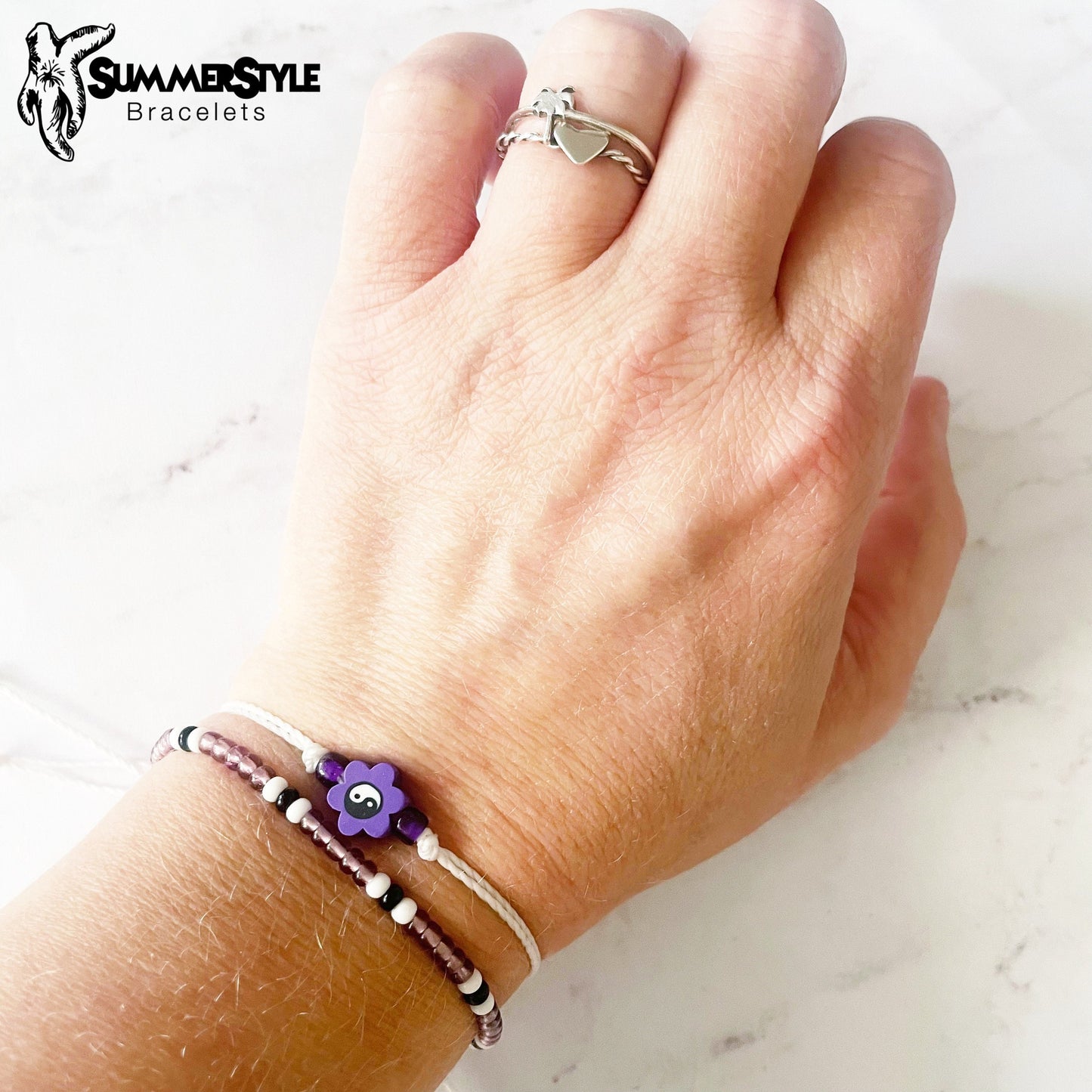Purple Yin Yang Flower Bracelet Set, Yin Yang Jewelry, Beaded Bracelets, SummerStyle Bracelets