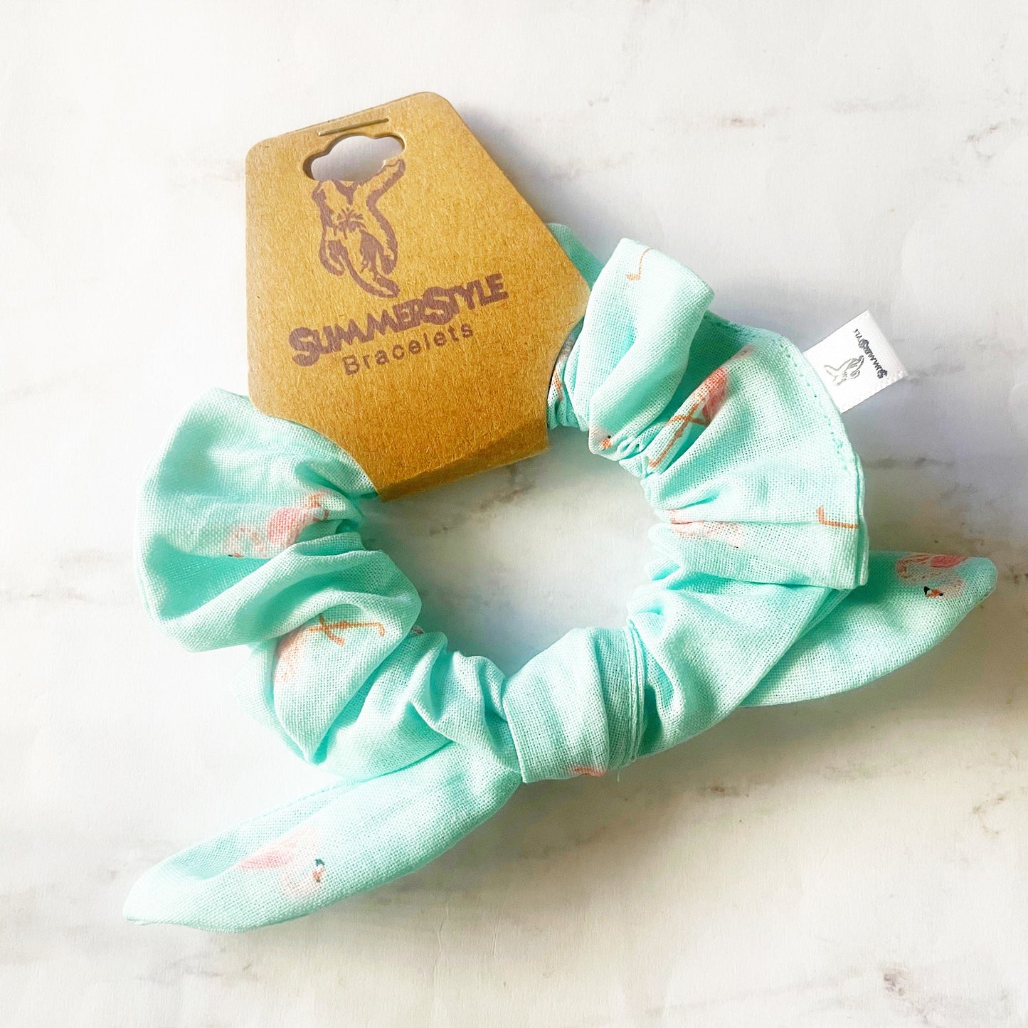 Pastel Aqua Flamingo Scrunchie, Scrunched Bow Hair Tie, Hair Bow, Hair Accessories, Bow Hair Tie, SummerStyle Bracelets