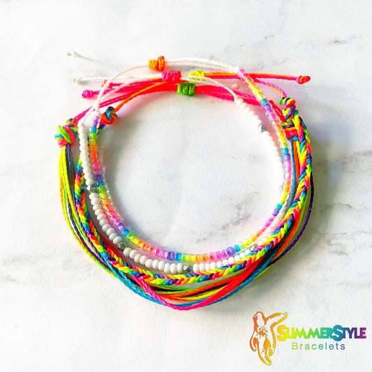 Neon Rainbow Adjustable Waterproof Bracelet Pack, Neon Bracelet, Fishtail Bracelet, Waterproof Jewelry, SummerStyle Bracelets