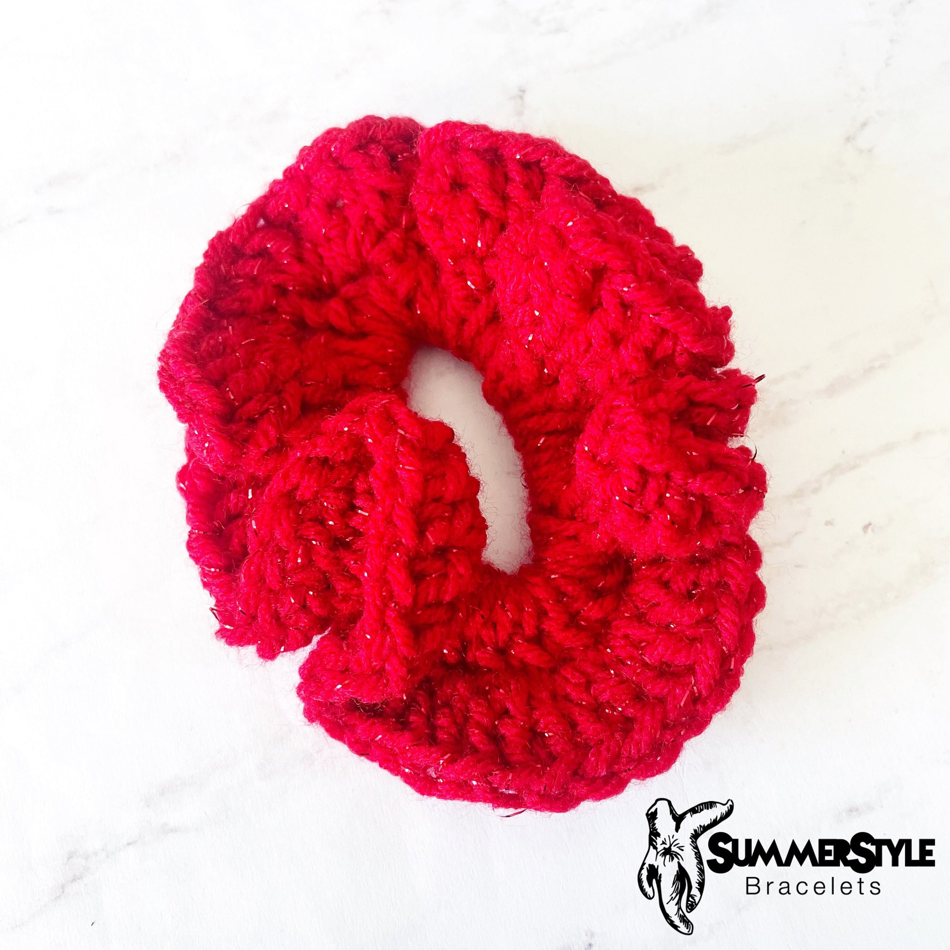 Sparkly Red Crochet Scrunchie, Crochet Hair Tie, Hair Accessories, Handmade Gift, SummerStyle Bracelets