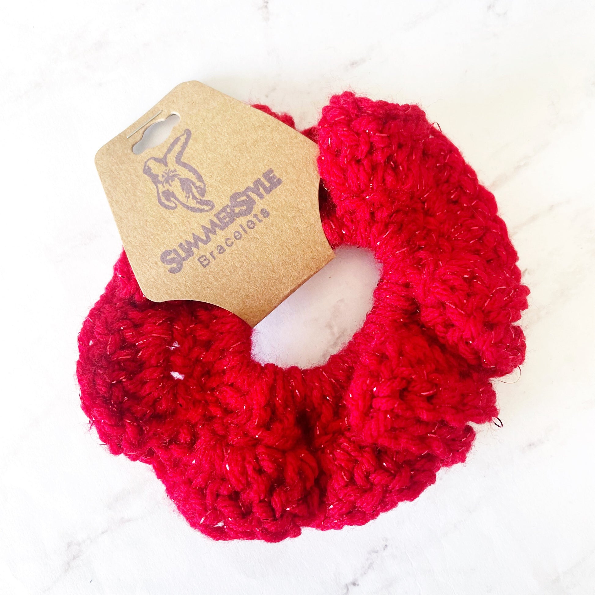 Sparkly Red Crochet Scrunchie, Crochet Hair Tie, Hair Accessories, Handmade Gift, SummerStyle Bracelets