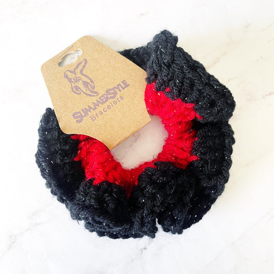 One of a Kind Sparkly Red & Black Crochet Scrunchie, Crochet Hair Tie, Hair Accessories, Handmade Gift, SummerStyle Bracelets