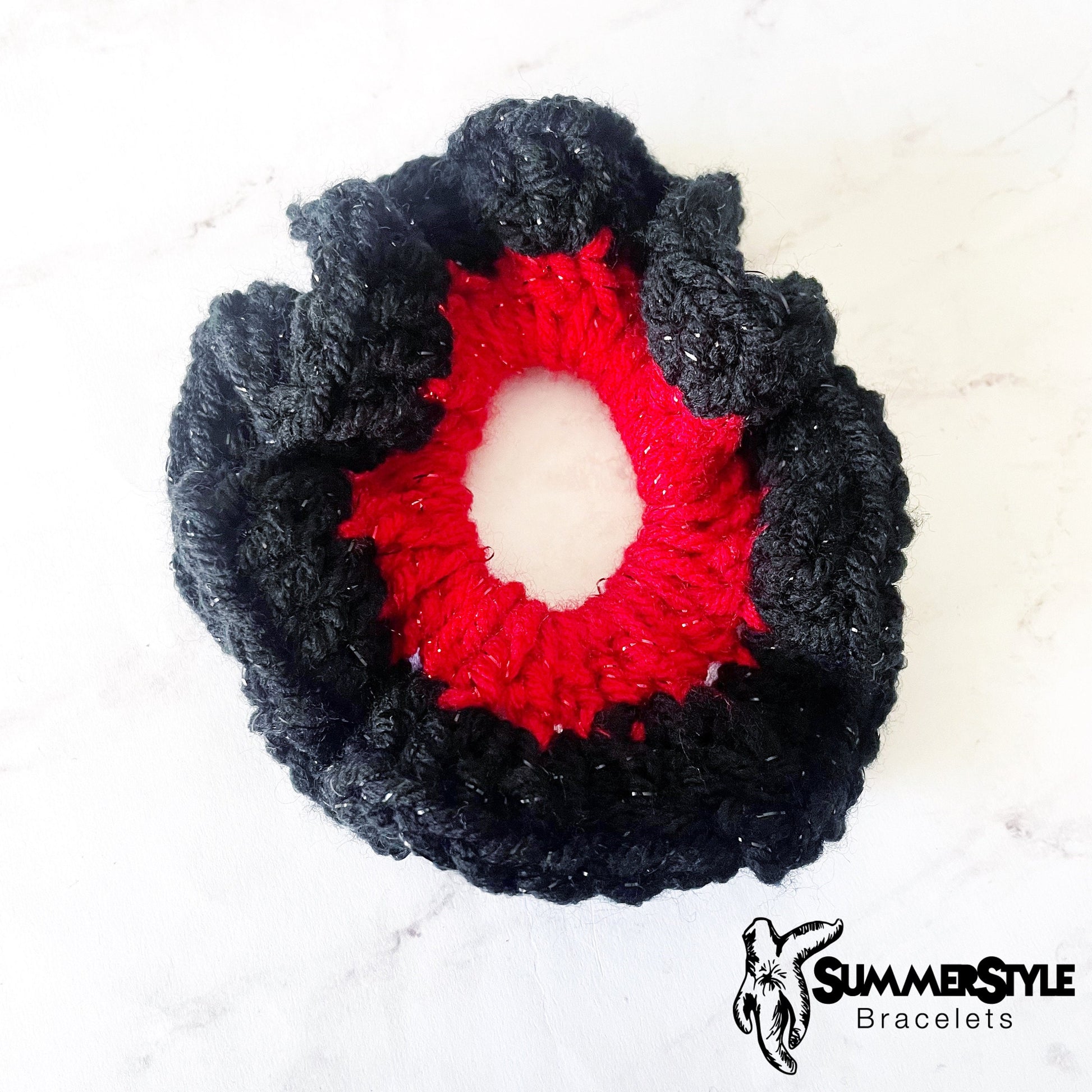 One of a Kind Sparkly Red & Black Crochet Scrunchie, Crochet Hair Tie, Hair Accessories, Handmade Gift, SummerStyle Bracelets