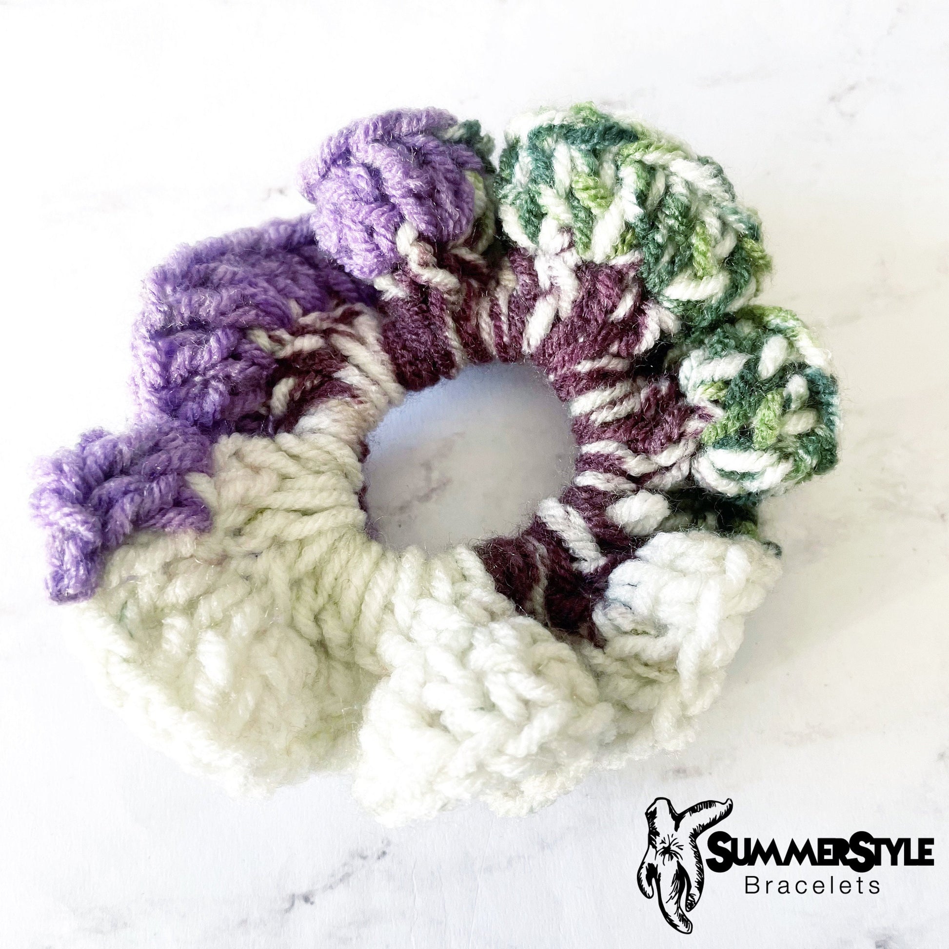 Green & Purple Crochet Scrunchie, Crochet Hair Tie, Hair Accessories, Handmade Gift, SummerStyle Bracelets