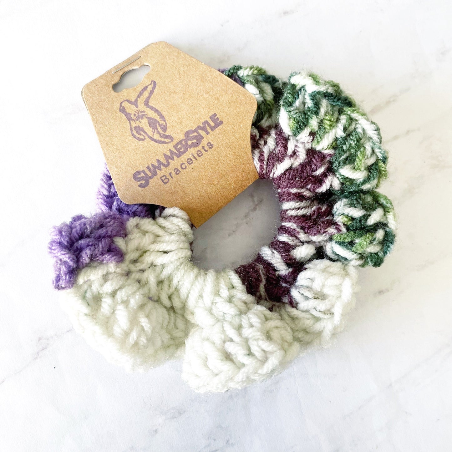 Green & Purple Crochet Scrunchie, Crochet Hair Tie, Hair Accessories, Handmade Gift, SummerStyle Bracelets