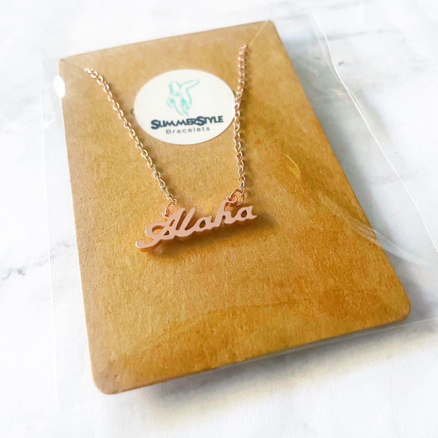 Rose Gold Aloha Necklace, Word Jewelry, Stainless Steel Chain Necklace, SummerStyle Bracelets