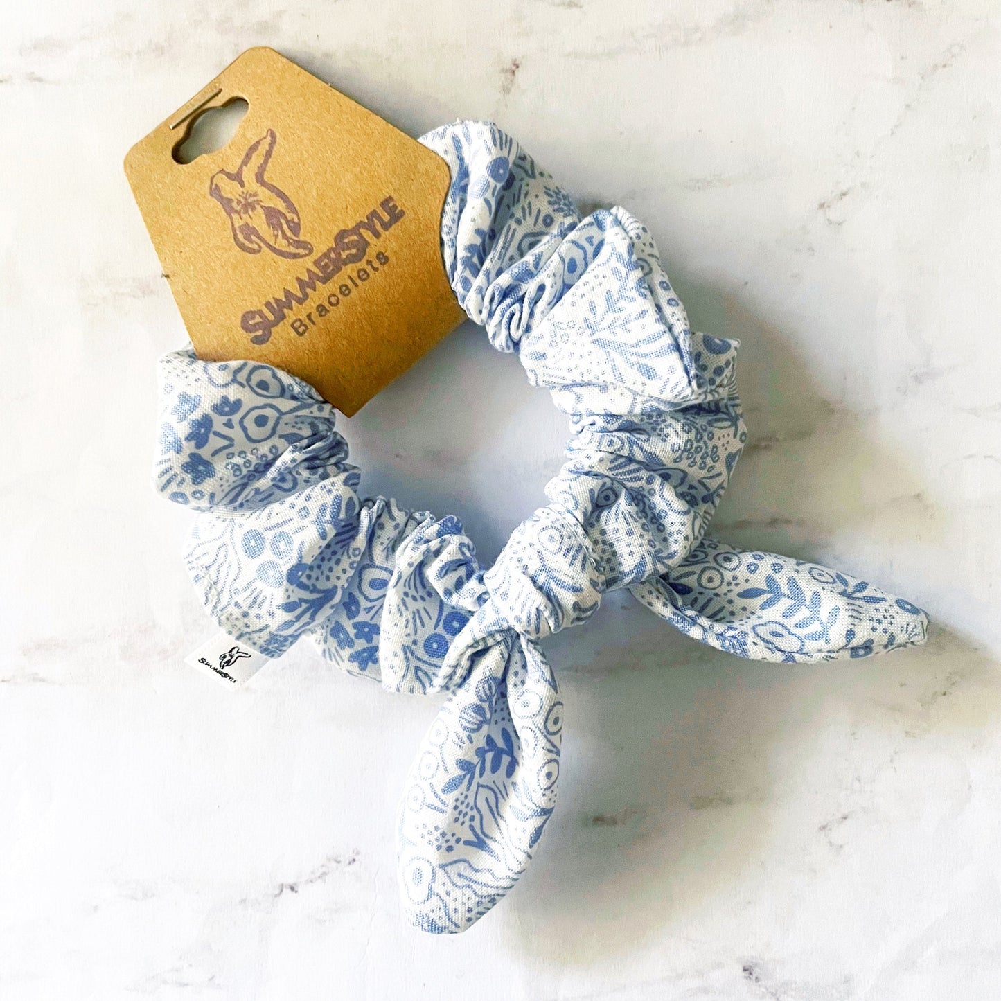 Periwinkle Floral Bow Scrunchie, Scrunched Bow Hair Tie, Floral Gift, Hair Accessories, Bow Hair Tie, SummerStyle Bracelets