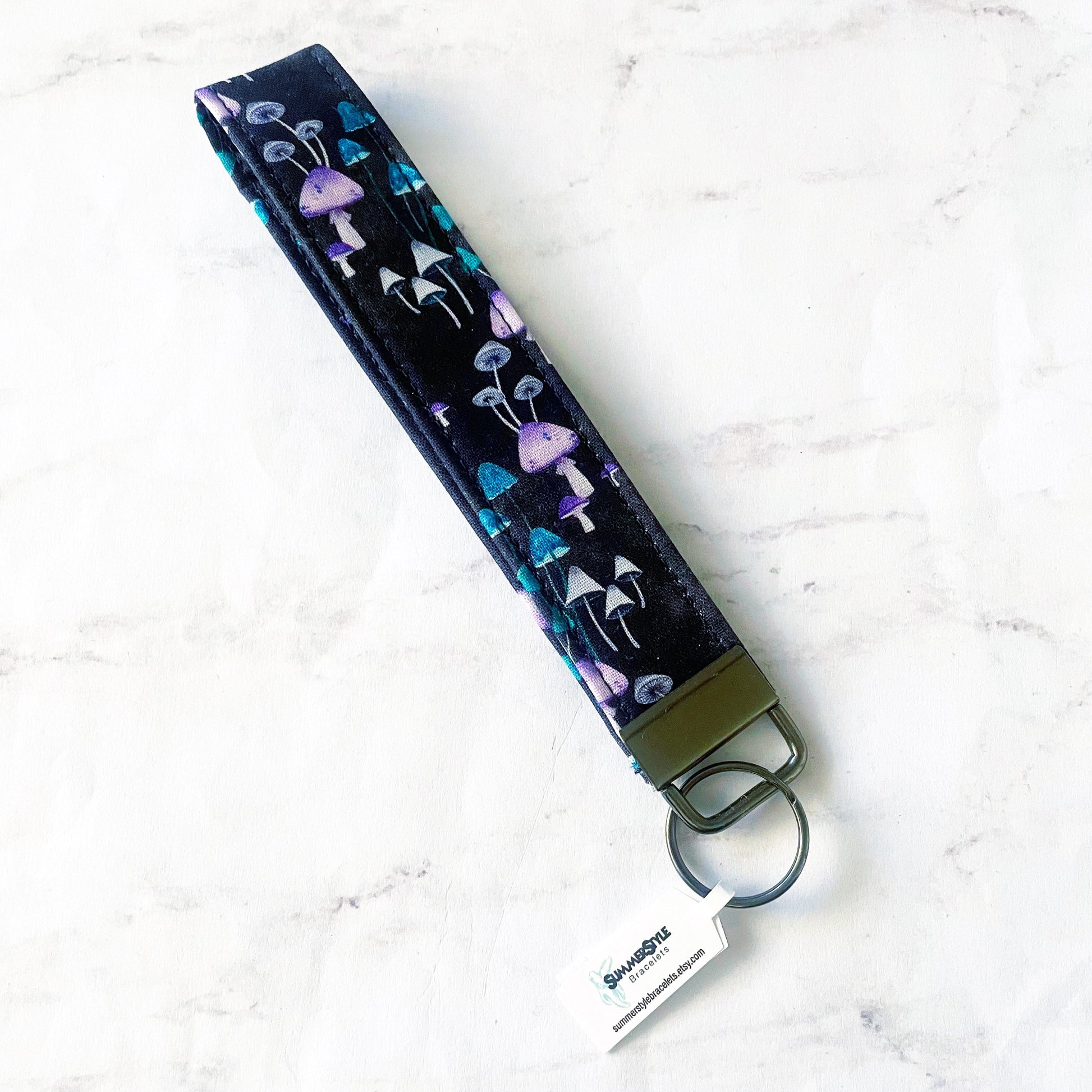 Midnight Mushroom Key Fob Wristlet, 6.5in Wristlet Lanyard, Keychain Wristlet, Handmade Lanyard, Mushroom Gift, SummerStyle Bracelets