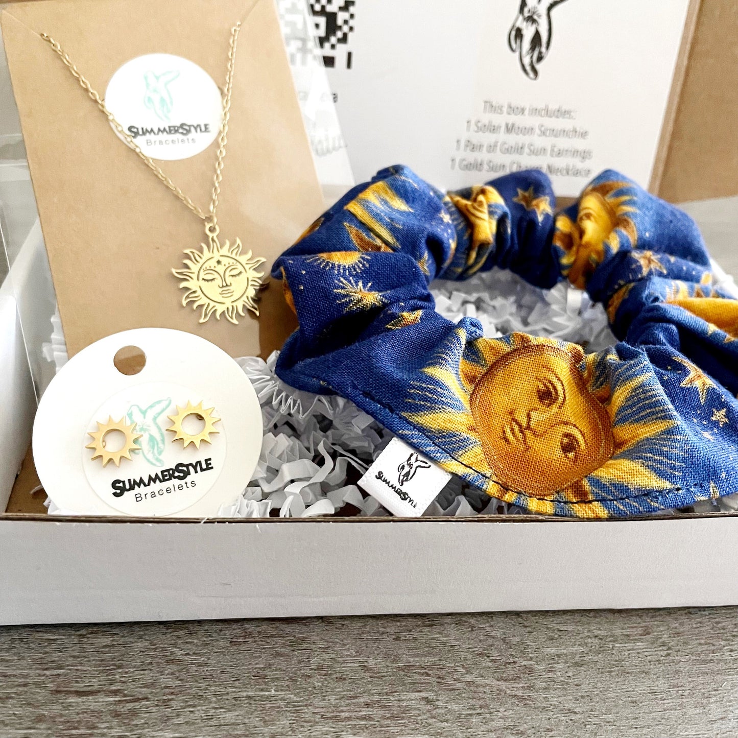 Solar Moon Gift Box, Curated Gift, Sun Jewelry, Sun Scrunchie, Gift Box for Her, Ready to Ship Gift, SummerStyle Bracelets