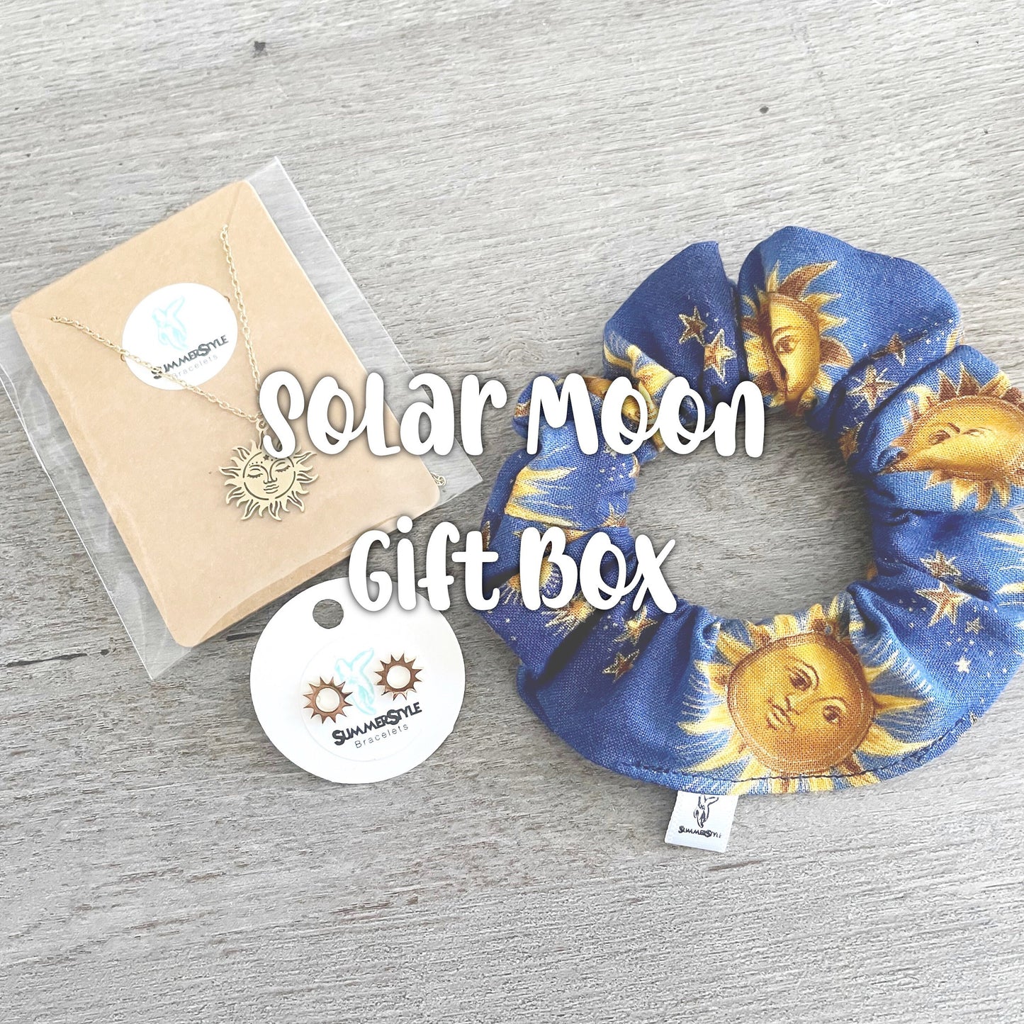 Solar Moon Gift Box, Curated Gift, Sun Jewelry, Sun Scrunchie, Gift Box for Her, Ready to Ship Gift, SummerStyle Bracelets