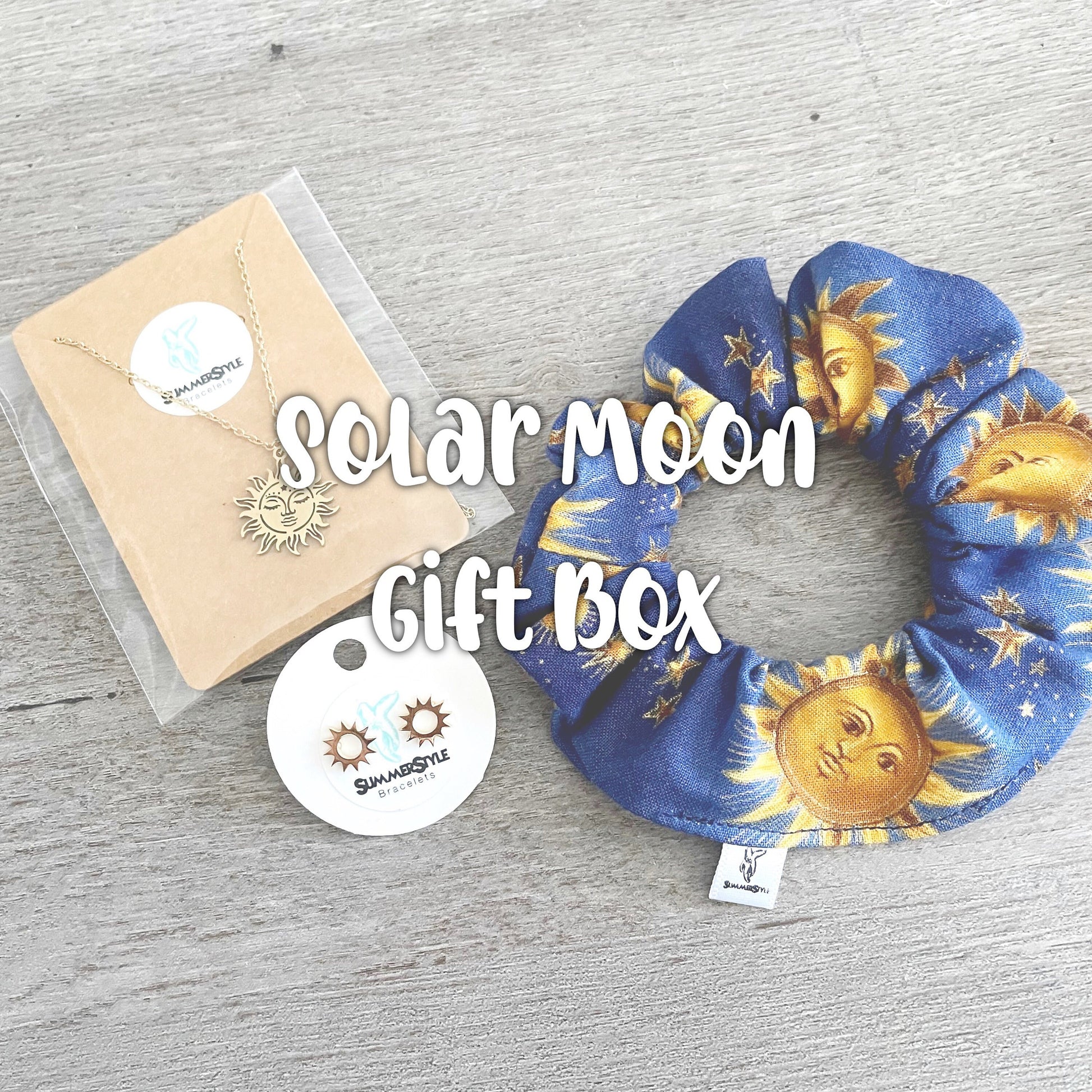 Solar Moon Gift Box, Curated Gift, Sun Jewelry, Sun Scrunchie, Gift Box for Her, Ready to Ship Gift, SummerStyle Bracelets