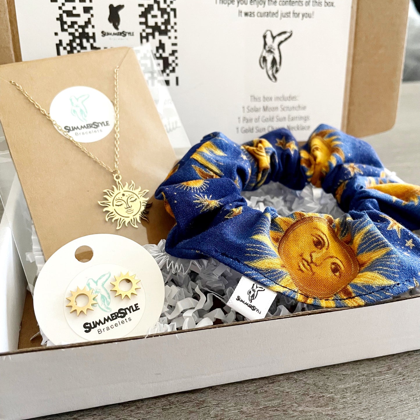 Solar Moon Gift Box, Curated Gift, Sun Jewelry, Sun Scrunchie, Gift Box for Her, Ready to Ship Gift, SummerStyle Bracelets