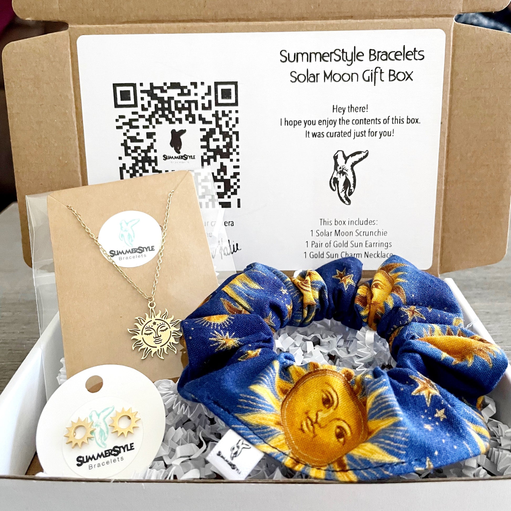 Solar Moon Gift Box, Curated Gift, Sun Jewelry, Sun Scrunchie, Gift Box for Her, Ready to Ship Gift, SummerStyle Bracelets