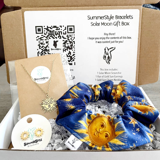 Solar Moon Gift Box, Curated Gift, Sun Jewelry, Sun Scrunchie, Gift Box for Her, Ready to Ship Gift, SummerStyle Bracelets