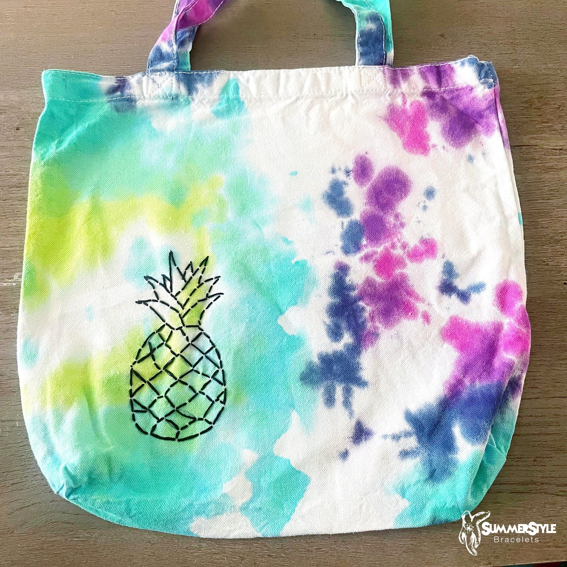 One of a Kind Pretty Pineapple Embroidered Tie Dye Tote Bag, Canvas Tote, Reusable Bag, Hand Embroidery, SummerStyle Bracelets