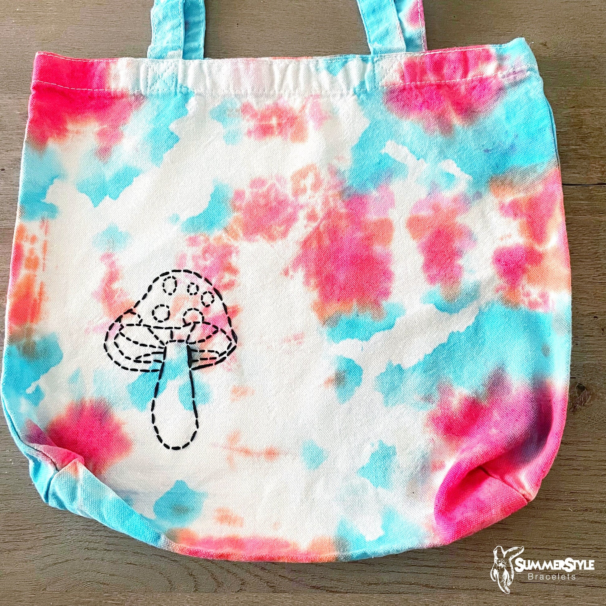 One of a Kind Psychedelic Mushroom Embroidered Tie Dye Tote Bag, Canvas Tote, Reusable Bag, Hand Embroidery, SummerStyle Bracelets