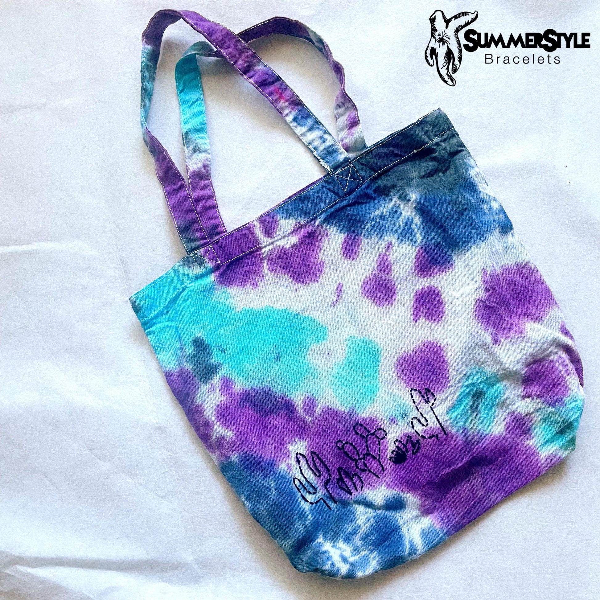 One of a Kind Cool Cactus Embroidered Tie Dye Tote Bag, Canvas Tote, Reusable Bag, Hand Embroidery, SummerStyle Bracelets