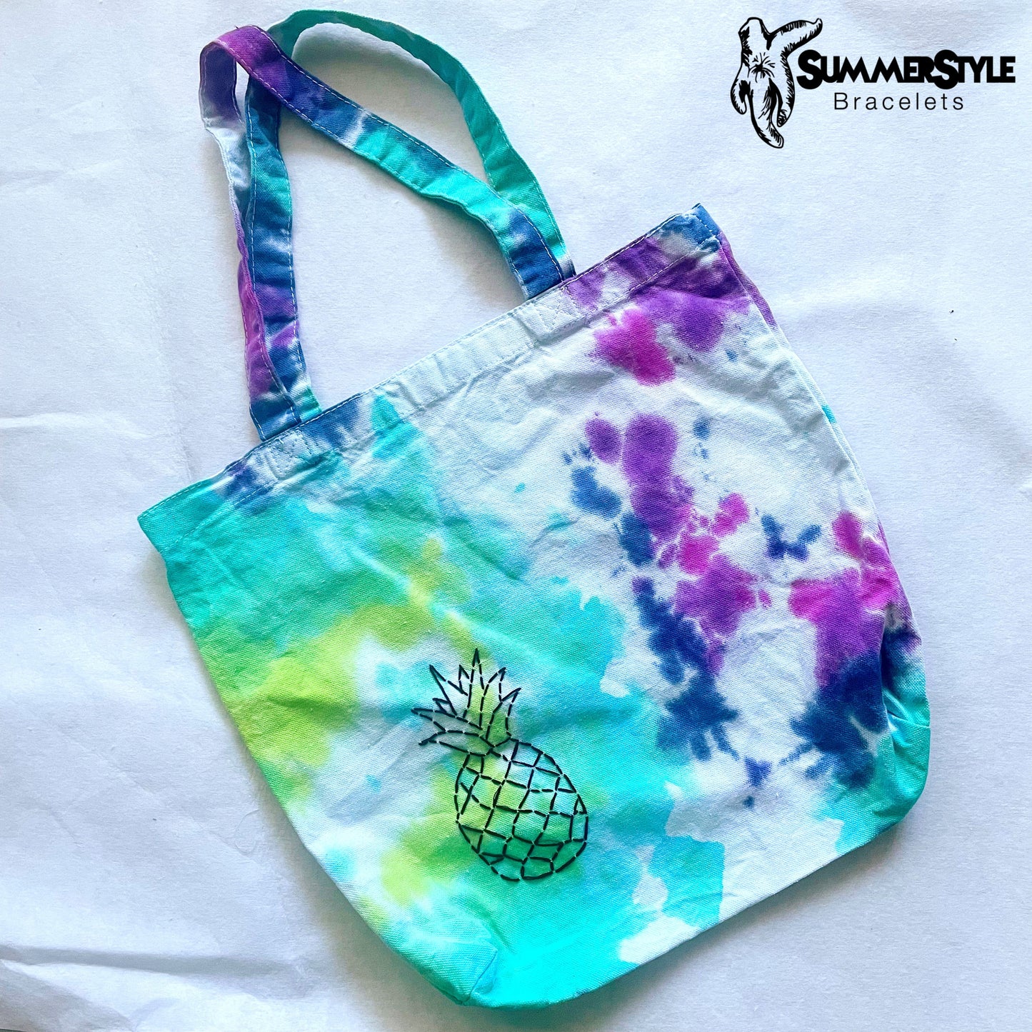 One of a Kind Pretty Pineapple Embroidered Tie Dye Tote Bag, Canvas Tote, Reusable Bag, Hand Embroidery, SummerStyle Bracelets