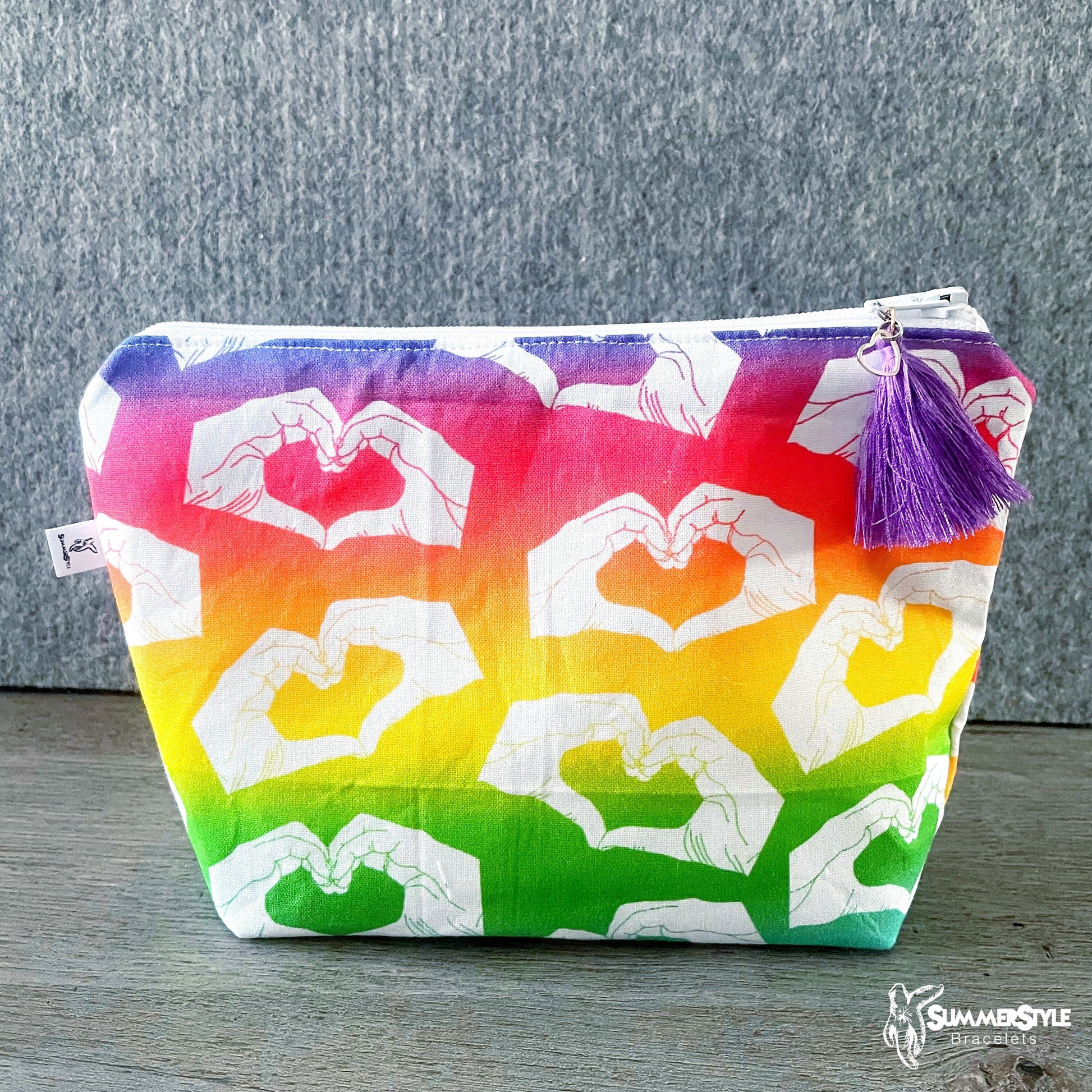 Heart Hands Rainbow Zipper Makeup Bag, Zipper Pouch, Cosmetics Bag, SummerStyle Bracelets