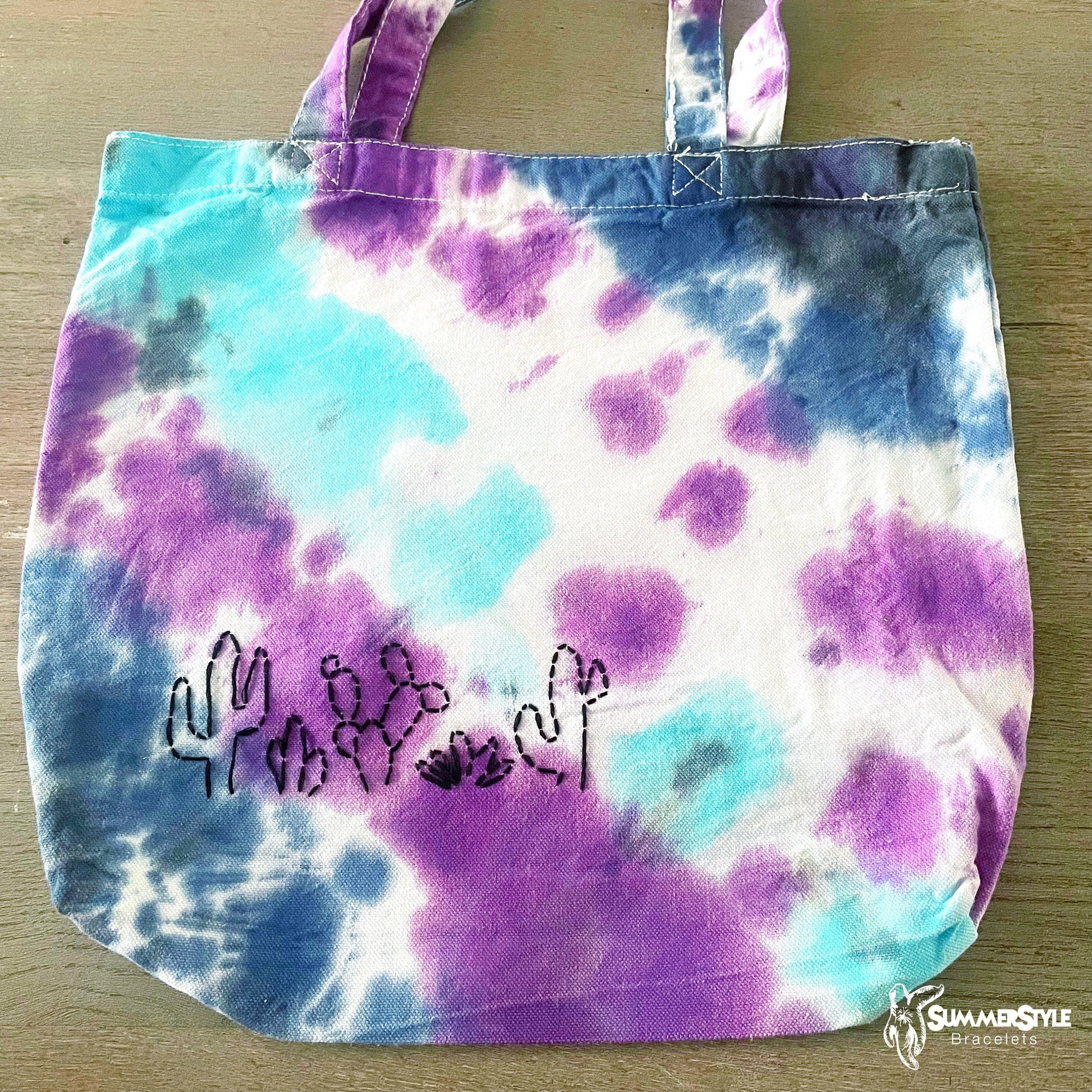 One of a Kind Cool Cactus Embroidered Tie Dye Tote Bag, Canvas Tote, Reusable Bag, Hand Embroidery, SummerStyle Bracelets