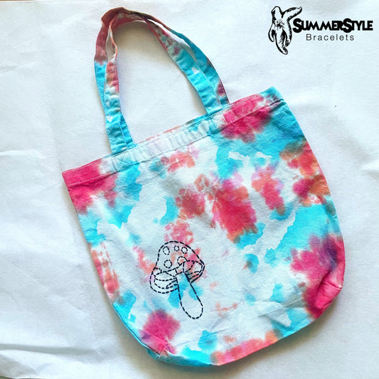 One of a Kind Psychedelic Mushroom Embroidered Tie Dye Tote Bag, Canvas Tote, Reusable Bag, Hand Embroidery, SummerStyle Bracelets