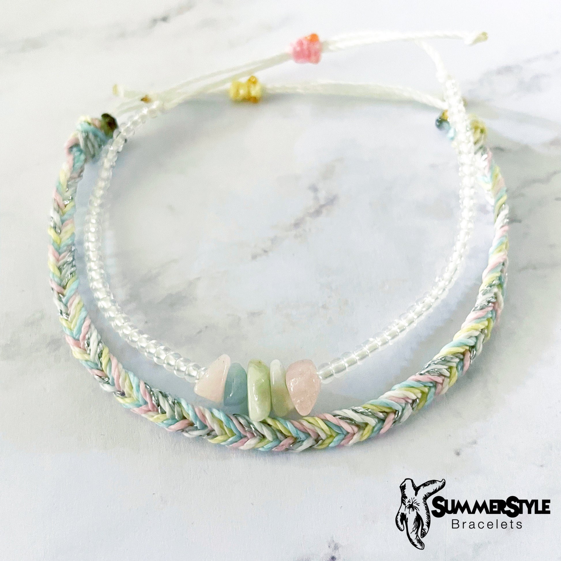 Pastel Stones Adjustable Waterproof Bracelet Pack, Fishtail Braid Bracelet, Seed Bead Bracelet, SummerStyle Bracelets