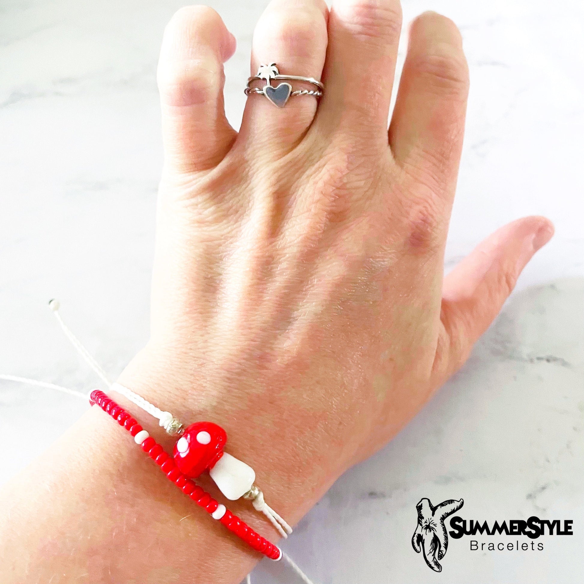 One of a Kind Red Mushroom Bracelet Set, Mushroom Jewelry, Seed Bead Bracelet, SummerStyle Bracelets