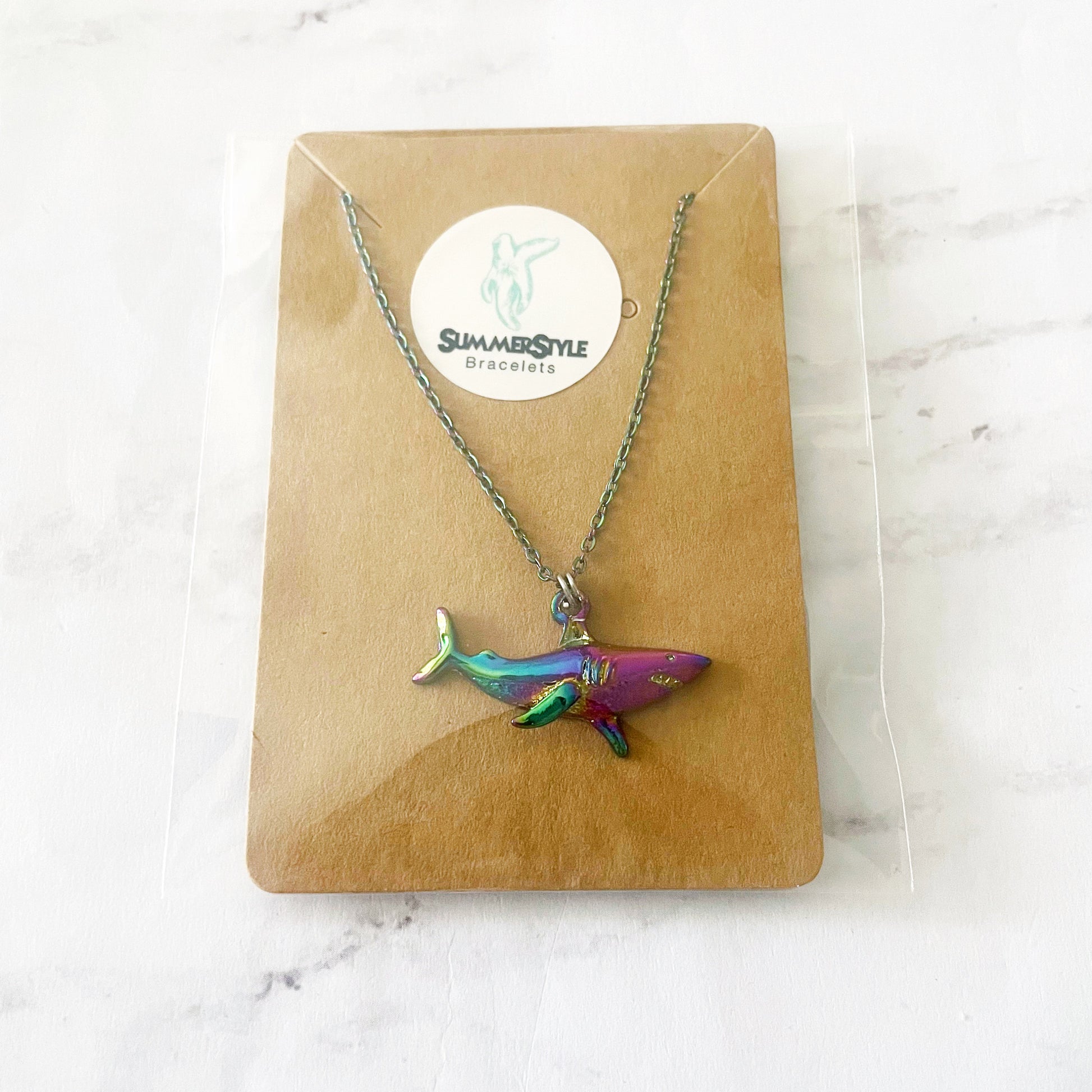 Oil Slick Rainbow Shark Charm Necklace, Shark Jewelry, Rainbow Chain Necklace, SummerStyle Bracelets