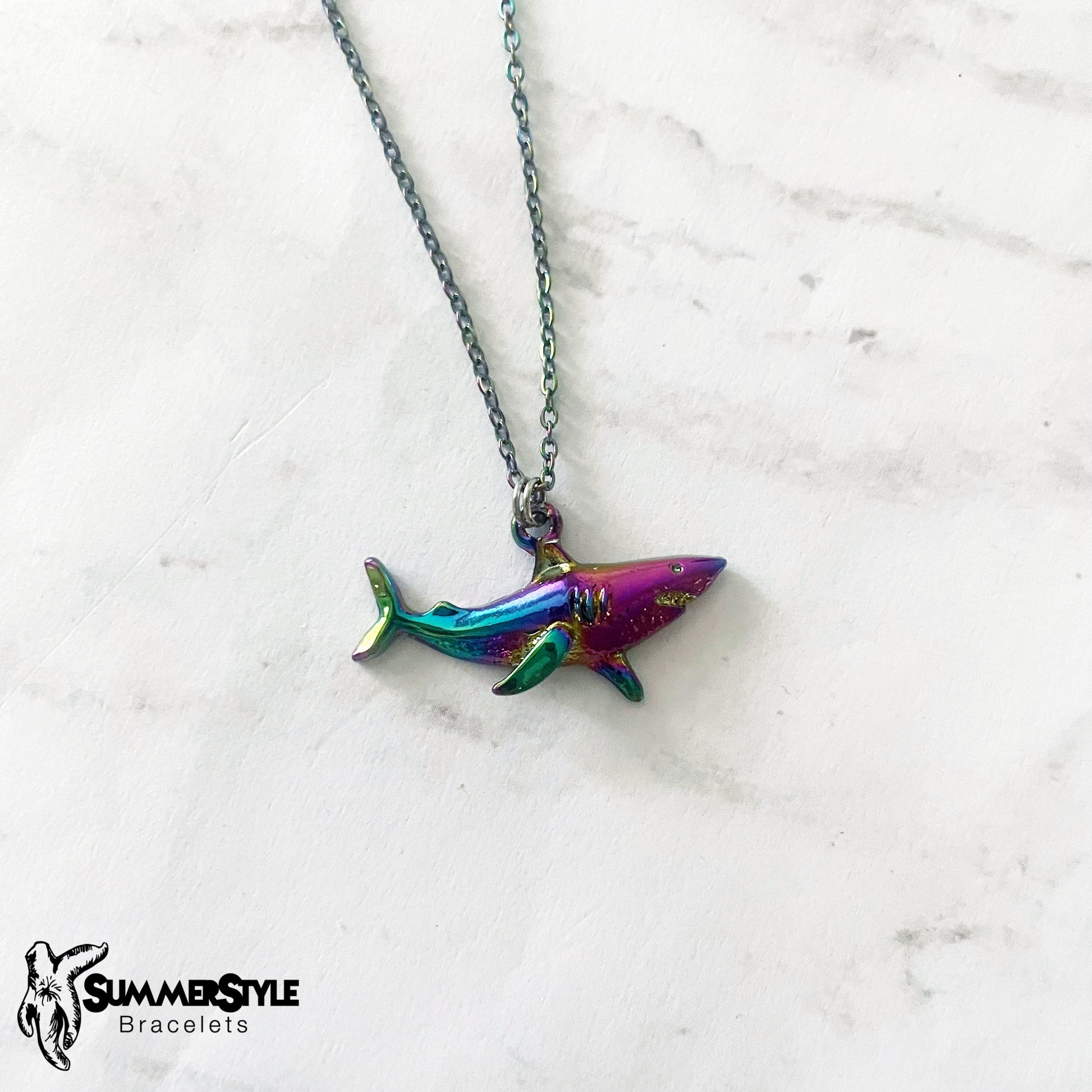 Oil Slick Rainbow Shark Charm Necklace, Shark Jewelry, Rainbow Chain Necklace, SummerStyle Bracelets